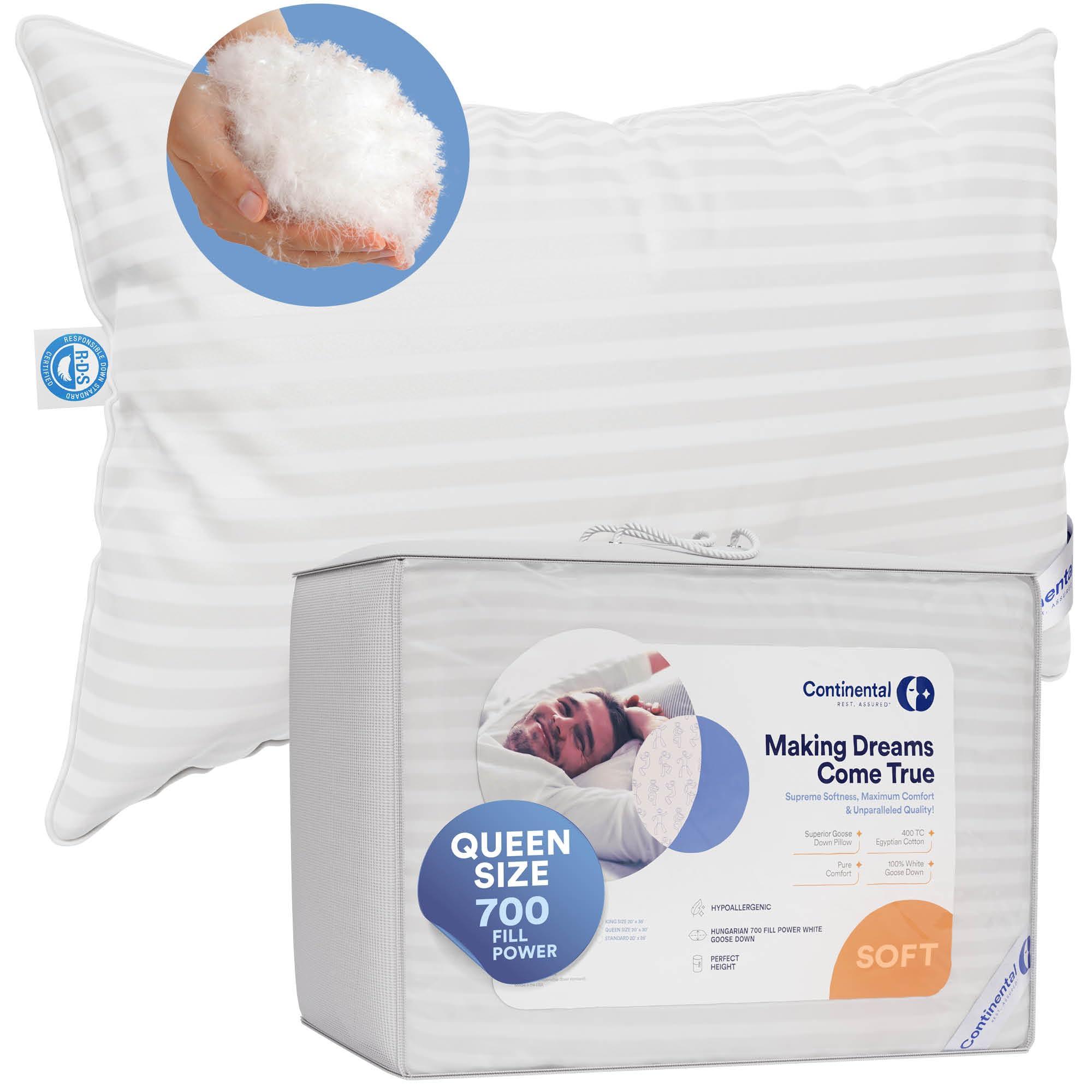 Continental Bedding | Serenity Goose Down Pillow | 700 Fill Power Hungarian White Down | 400TC Cotton Damask Shell | Made in USA | Soft, Queen (Pack of 1)