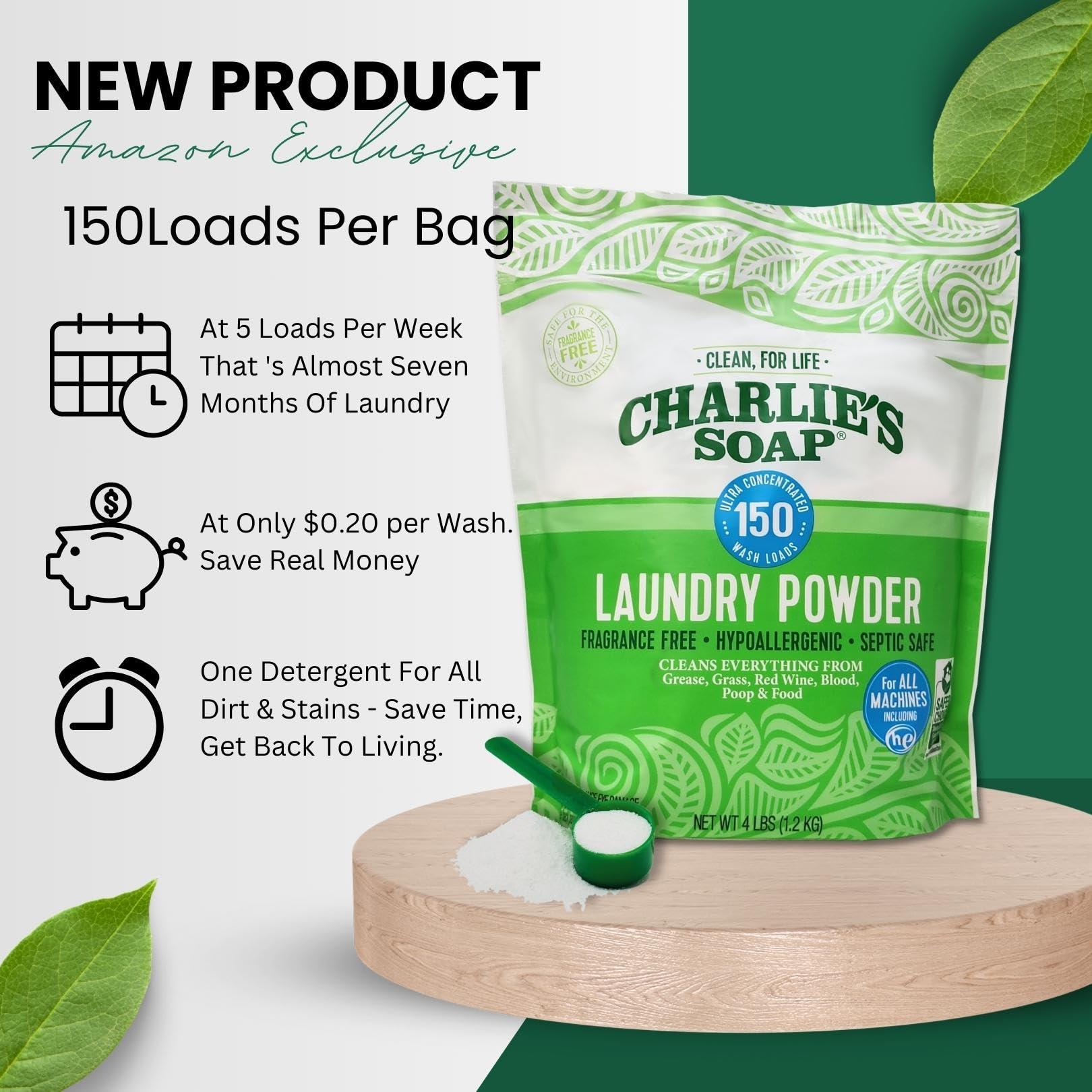 Charlie’s Soap Laundry Powder New (150 Loads, 1 Pack) Fragrance Free Hypoallergenic Plant Based Deep Cleaning Laundry Powder – Biodegradable Eco Friendly Sustainable Laundry Detergent - Image 3