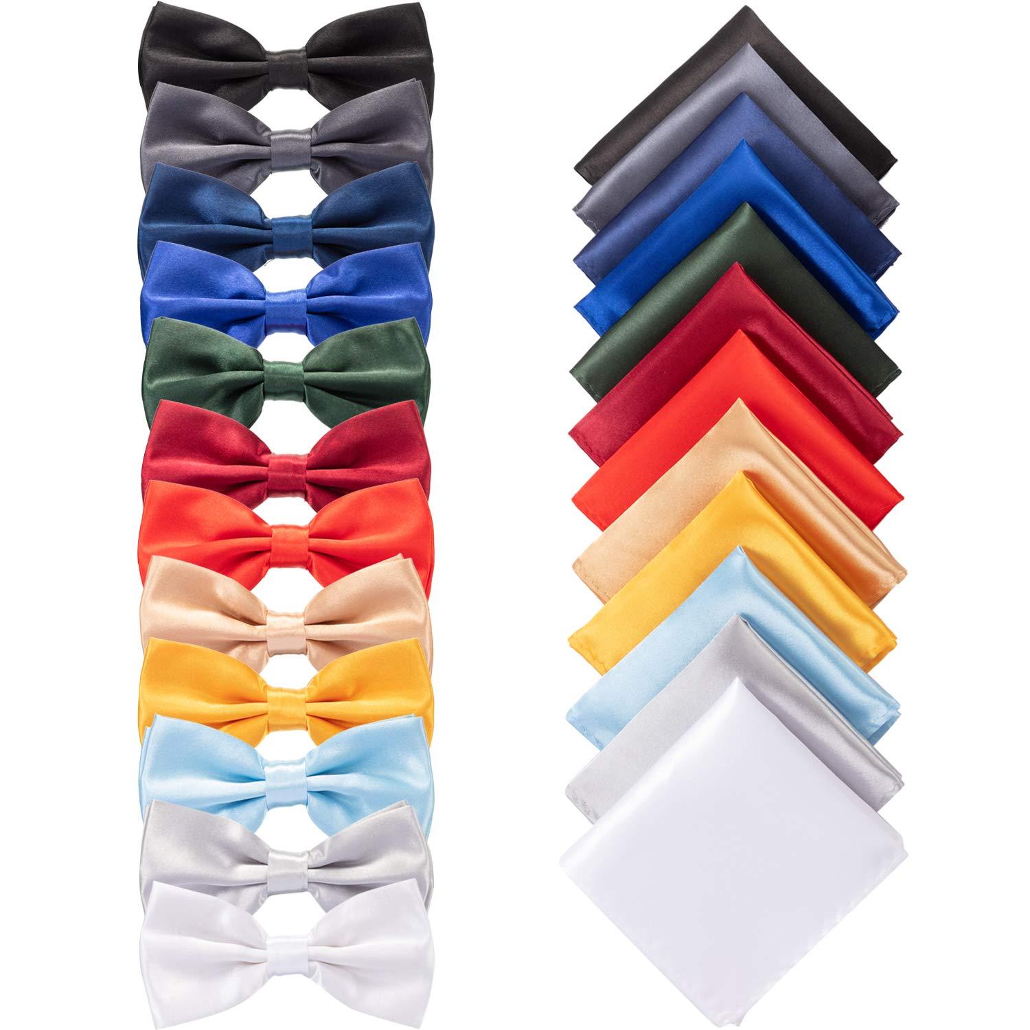 SATINIOR 24 Pcs Pre Tied Bow and Tie Pocket Square Set 12 Solid Color Adjustable Bowtie 12 Satin Handkerchief for Men Boys - Image 2