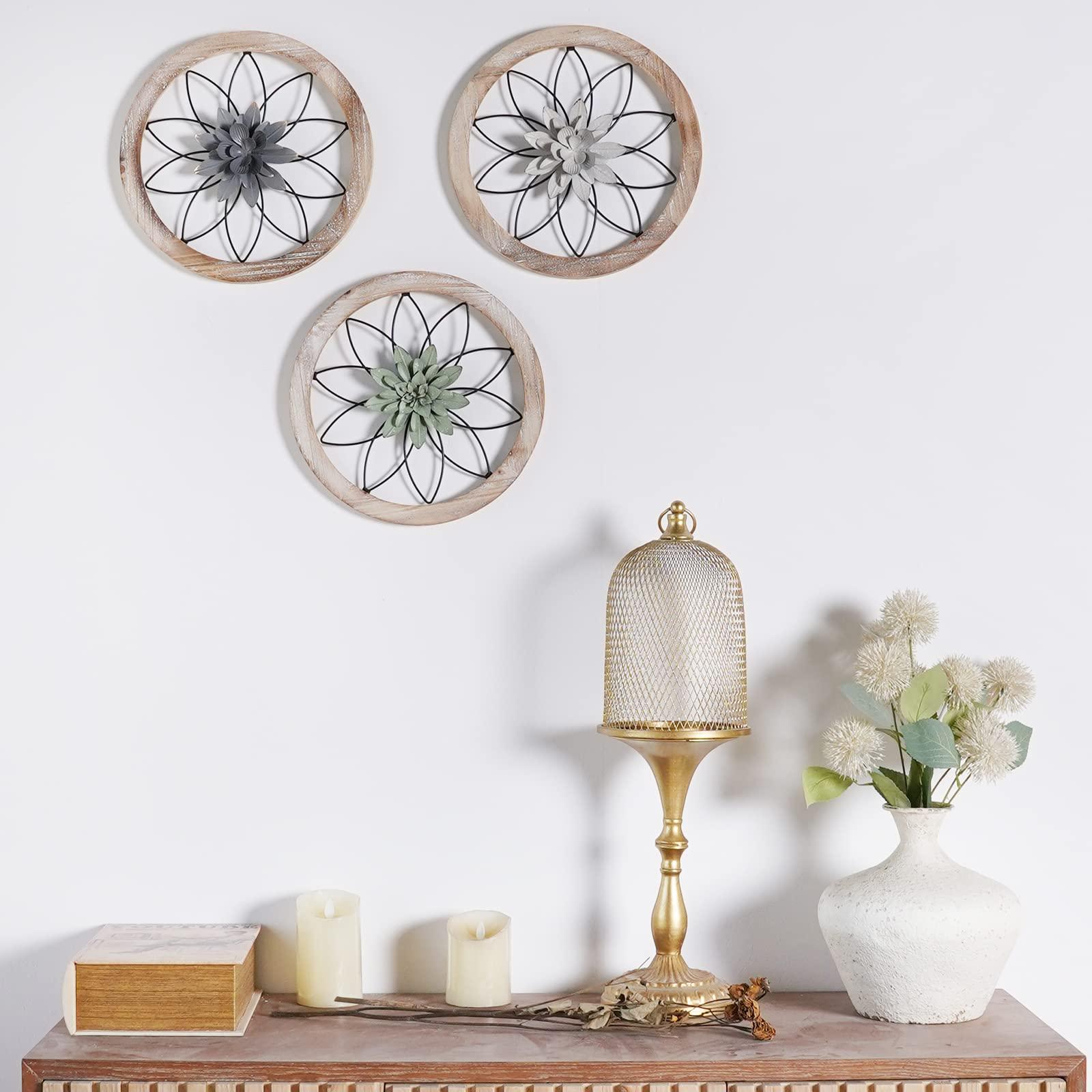 Paquesta 3 Piece Round Farmhouse Wall Decor with 6 Piece Interchangeable Flowers 12'' Medallion Wood & Metal Rustic Wall Art for Living Room Bedroom Kitchen Bathroom Dining Room Home Decorations - Image 4