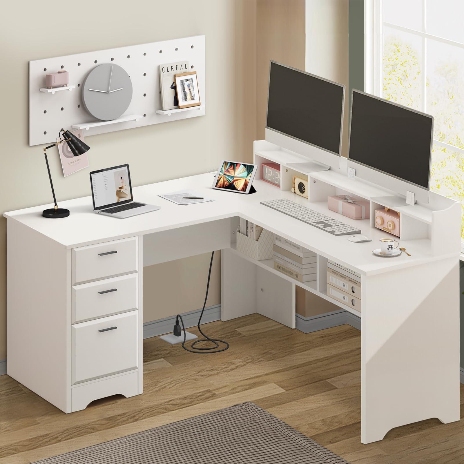 White L Shaped Desk with 3 Drawers, 60 inch Corner Desk with Moveable Hutch and Power Outlet, Large Home Office Corner Computer Desk with Storage File Cabinet - Image 9