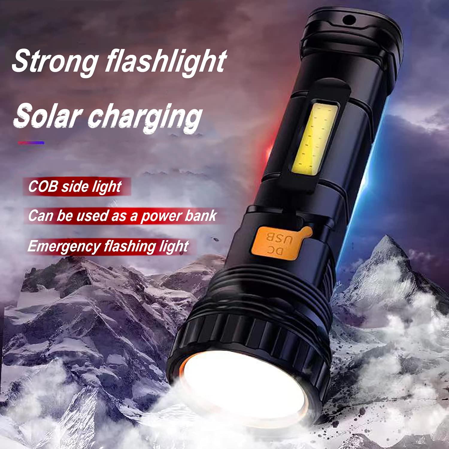 E-SHIDAI Solar/Rechargeable Multi Function 1000 Lumens LED Flashlight, with Emergency Strobe Light and 1200 Mah Battery, Emergency Power Supply and USB Charging Cable, Fast Charging (1PC) - Image 2