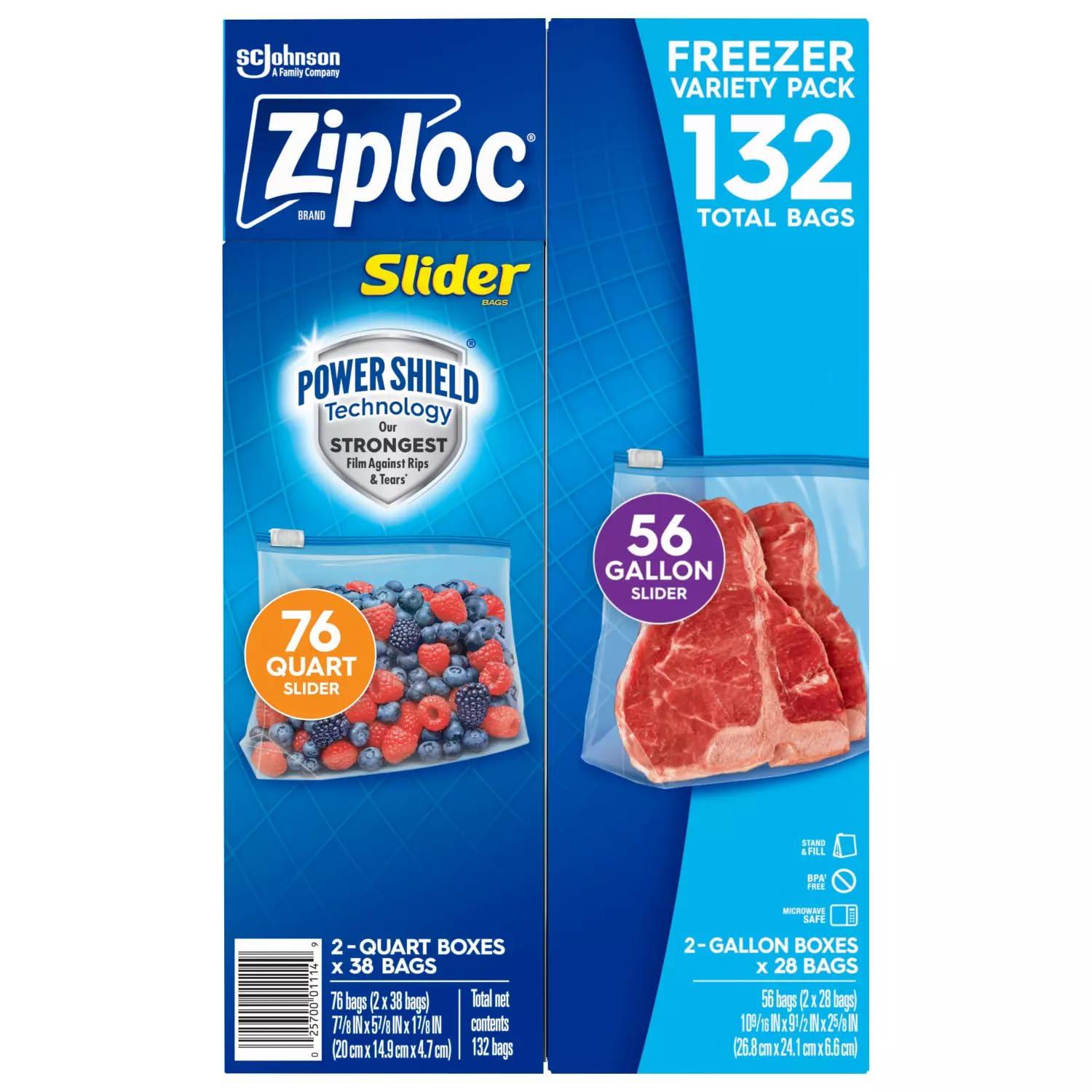Ziploc Slider Freezer Bags Variety Pack, 132 Count, Power Shield Technology, 76 Quart and 56 Gallon Bags