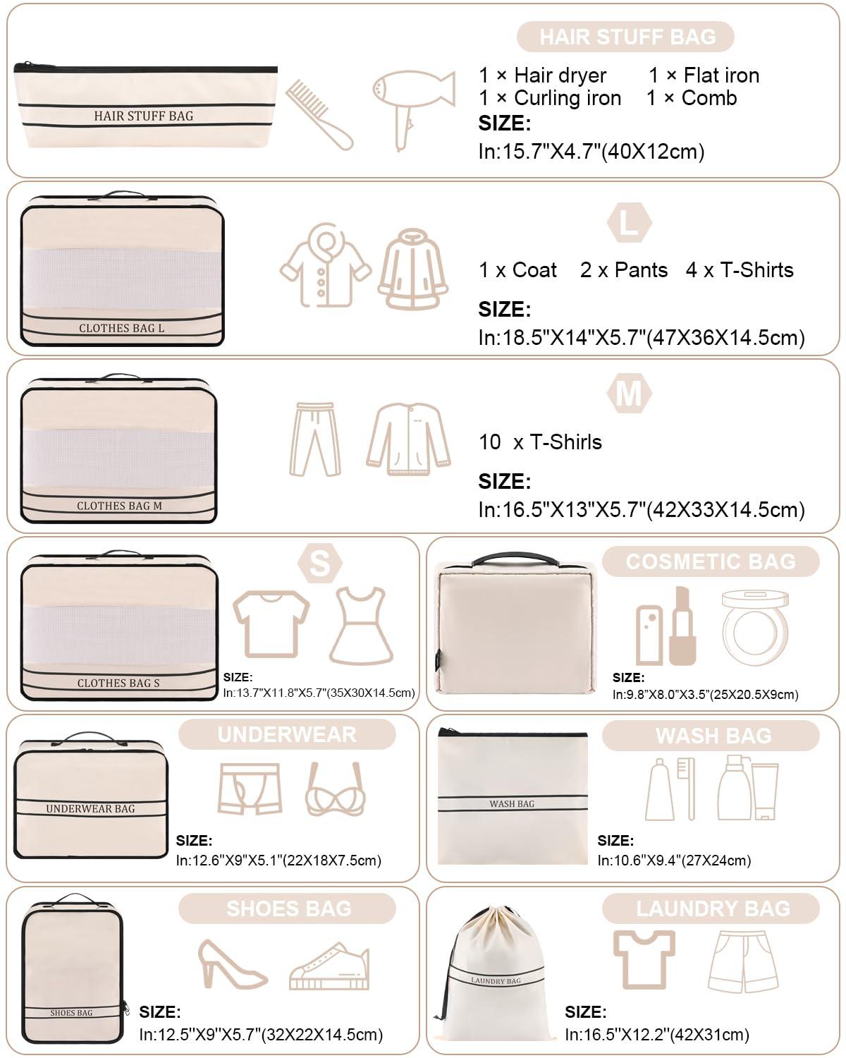 Ougrand 9 Set Packing Cubes Luggage Packing Organizers for Travel Accessories Space Saving Travel Bags for Carry On, Lightweight Mesh Zipper, Clothes, Shoes, Laundry and Shoe Bag, Suitcases (Cream) - Image 4