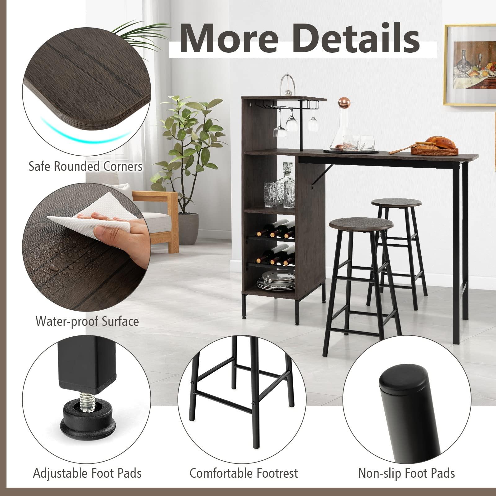 GOFLAME Bar Table and Chairs Set for 2, Counter Height Dining Table Set with Shelves, Cup Holder & Wine Rack, Breakfast Table & Chair Set, 3-Piece Pub Table Set for Kitchen, Dining Room - Image 5