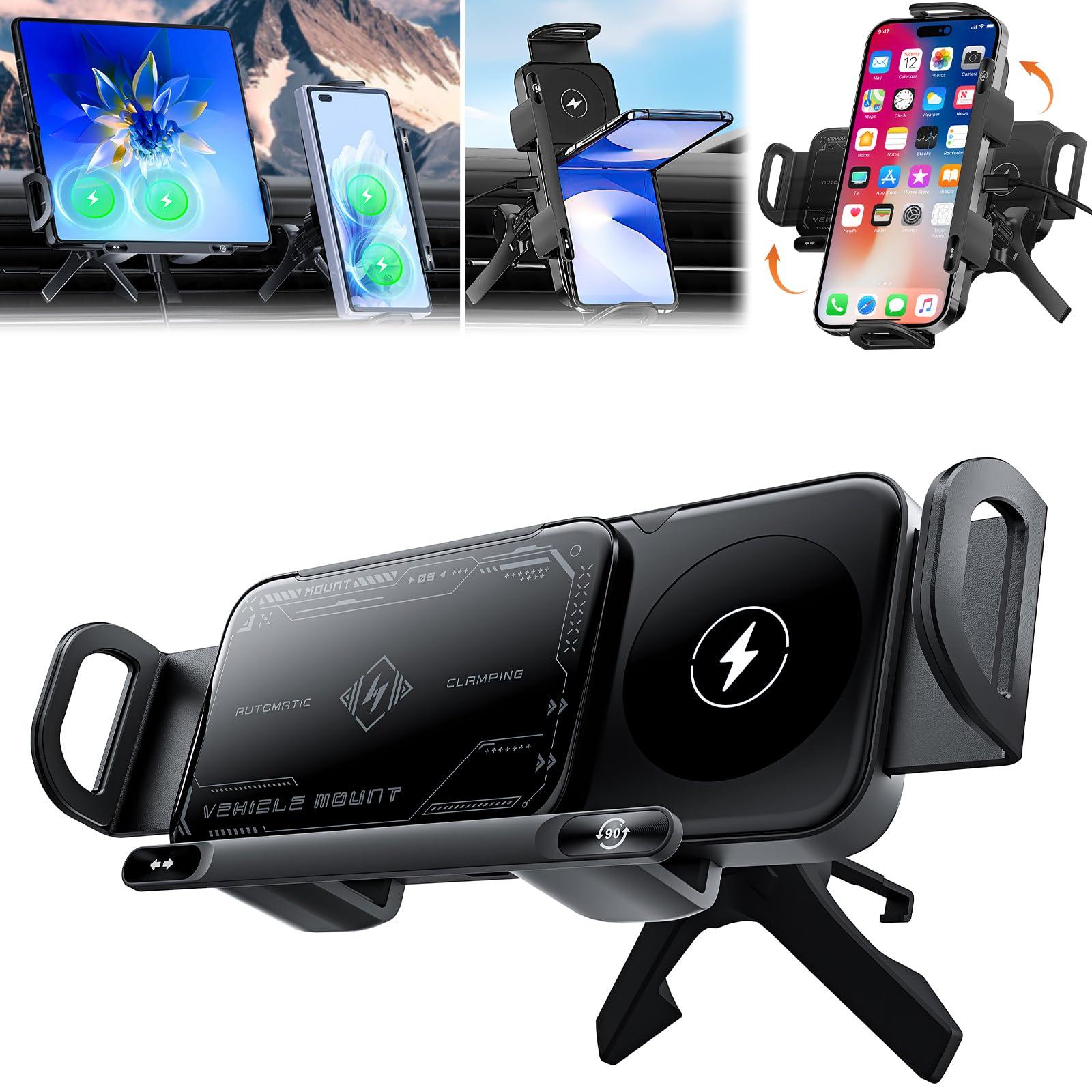 High Intelligent Mobile Phone/Pad Holder,2 in 1 Auto Rotating Phone Holder,Car Charger Fast Charging Cell Phone Holder,One-Touch Rotatable Car Vent Phone Mount for Smartphone/Pad/Foldable Phone(Black) - Image 1