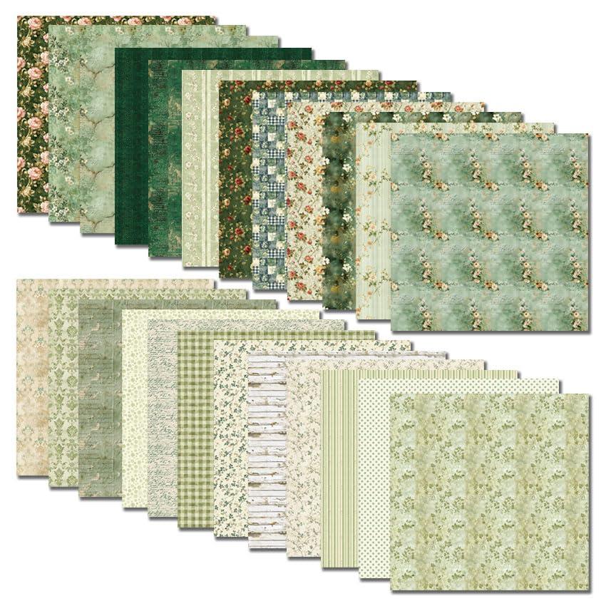 Kauzon 24 Sheets Scrapbook Paper Vintage Green Floral Pattern Double Sided Printing Craft Paper for DIY Card Making Scrapbook Wedding Photo Album Home Décor-12 x 12 Inches - Image 2