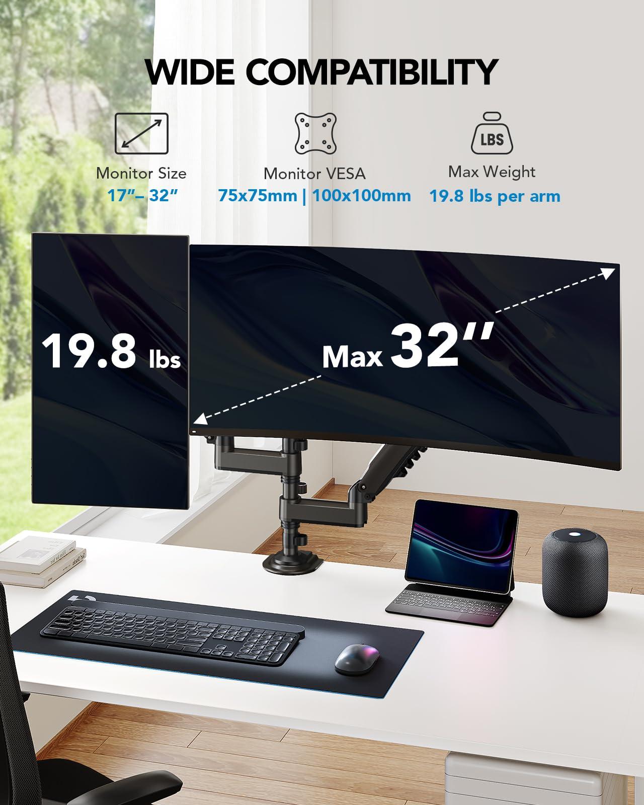 HUANUO 17-32 Inch Dual Monitor Stand, Gas Spring Dual Monitor Mount, Monitor Stand 2 Monitors, Ergonomic Adjustable Tilt/Swivel/Rotate, Weight Max 19.8 lbs, VESA 75/100mm - Image 2