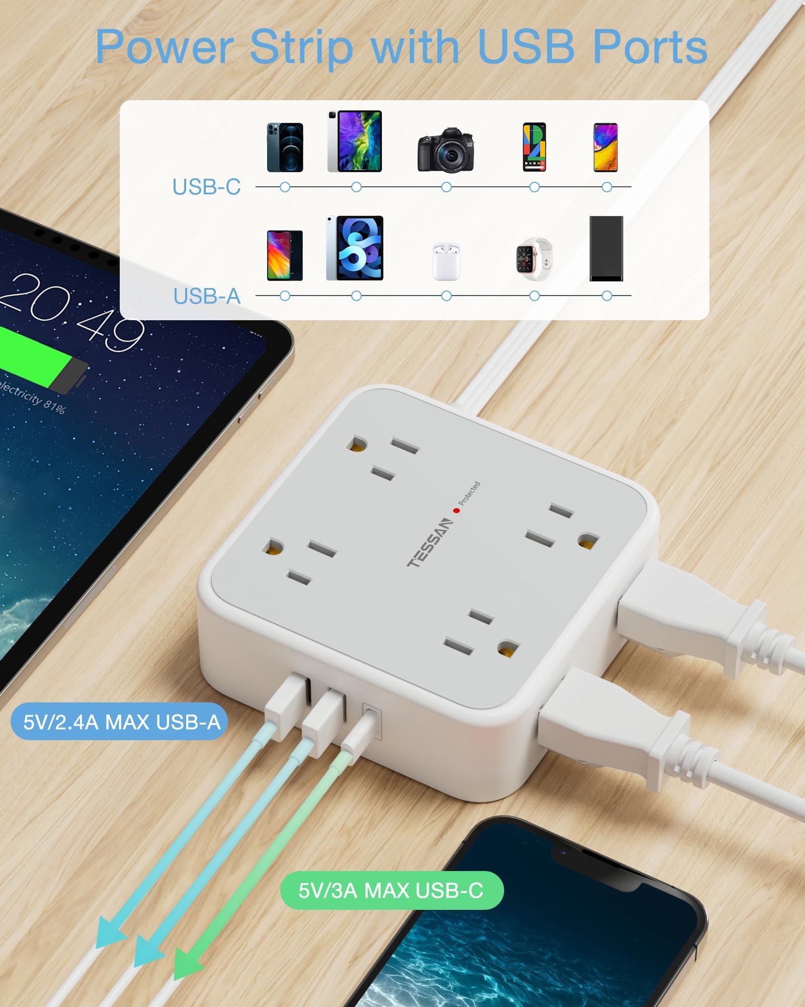 Surge Protector Flat Extension Cord Flat Plug Power Strip, 8 AC Outlets, 3 USB Charger(1 USB C Port) 3-Sided Outlet Extender, 5 Ft, 900 Joules Protection, Office Supplies, Dorm Room Essentials, Grey - Image 4