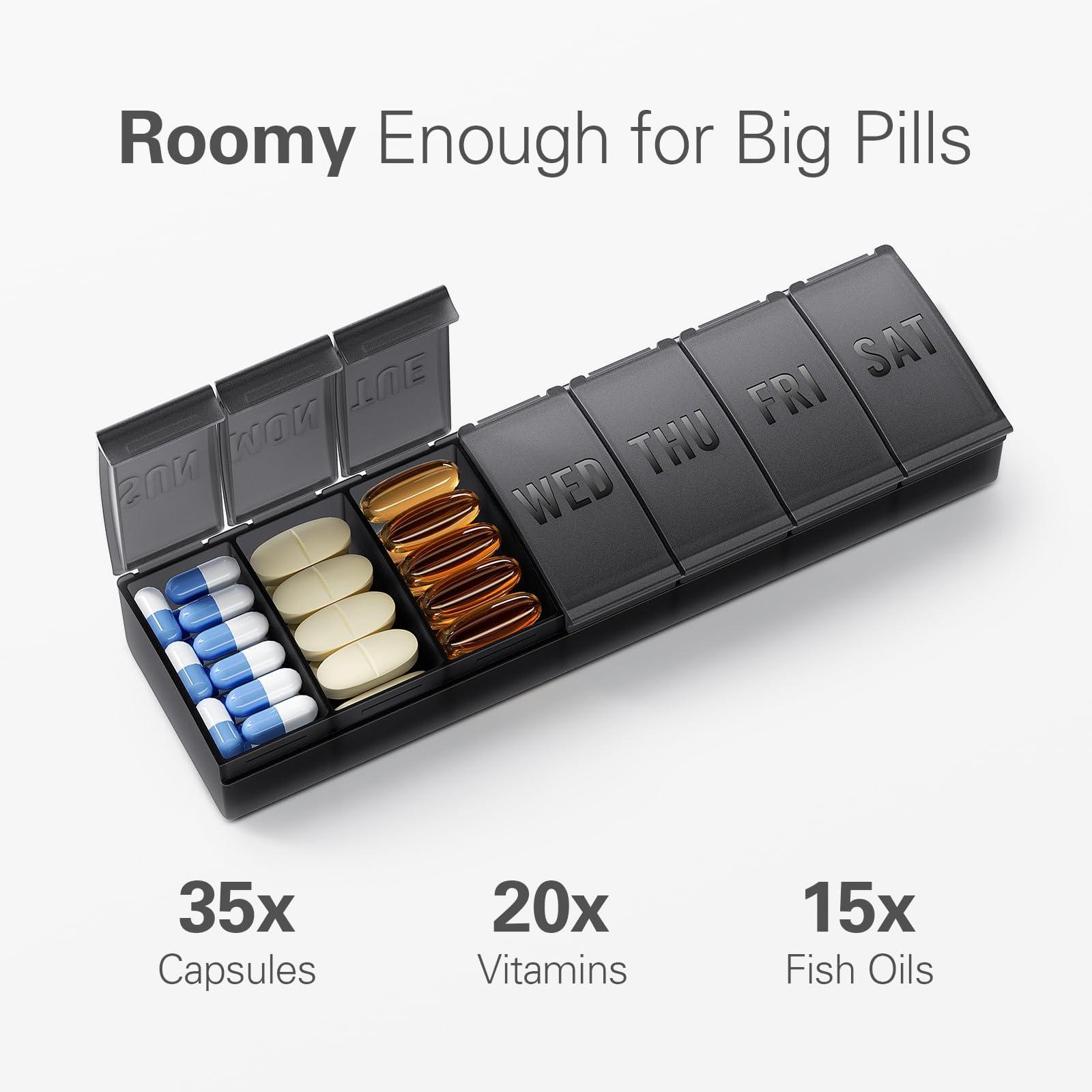 Barhon Pill Organizer Large, Weekly Pills Organizer Pill Box, Medicine Pill Organizers Travel, 7 Day Pill Case for Big Vitamin Supplements Fish Oil, Black - Image 2
