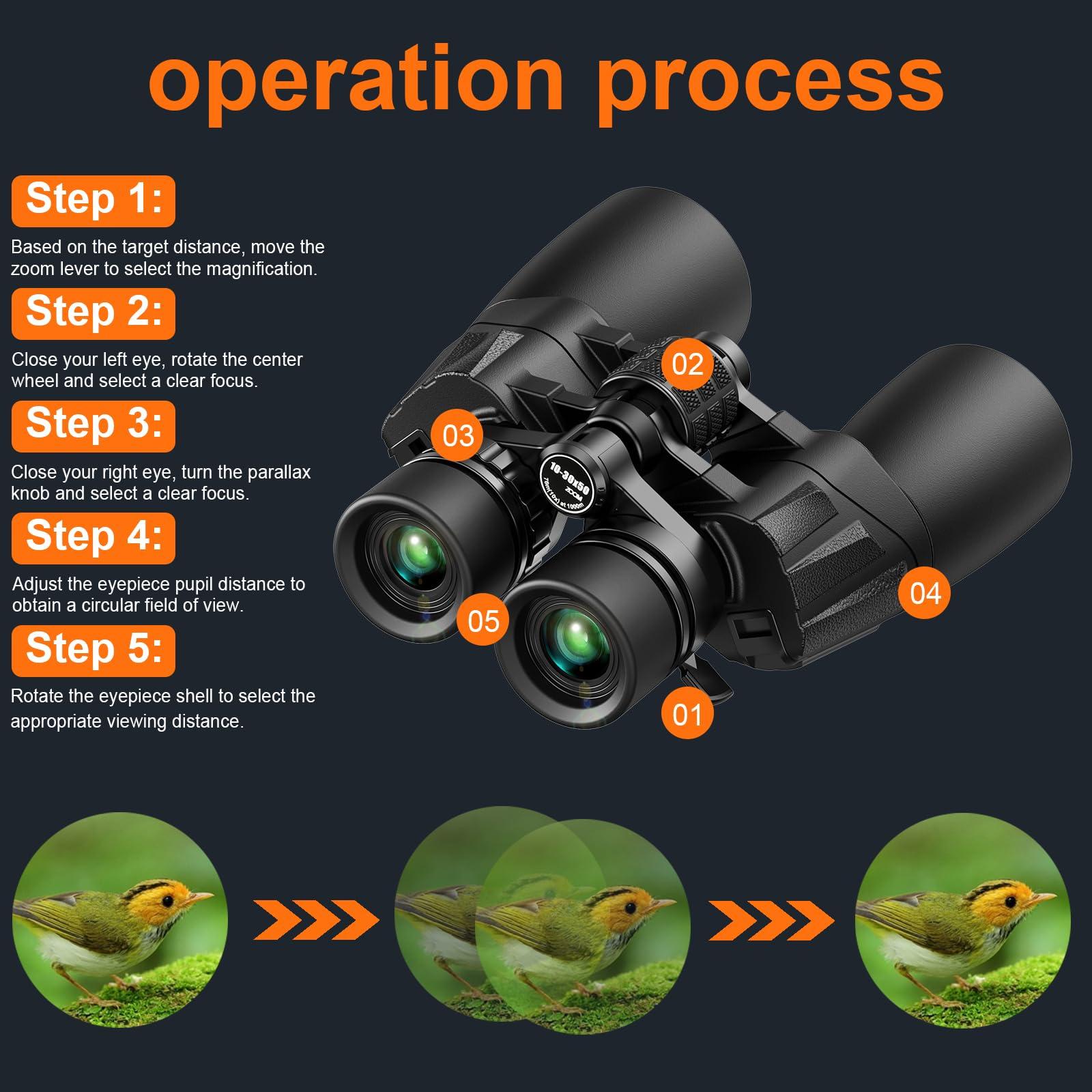 10-30×50 HD Zoom Binoculars for Adults with Upgraded Phone Adapter, Tripod and Tripod Adapter,Clear Low Light Vision at Night Waterproof High Powered Binocular for Bird Watching Travel - Image 6