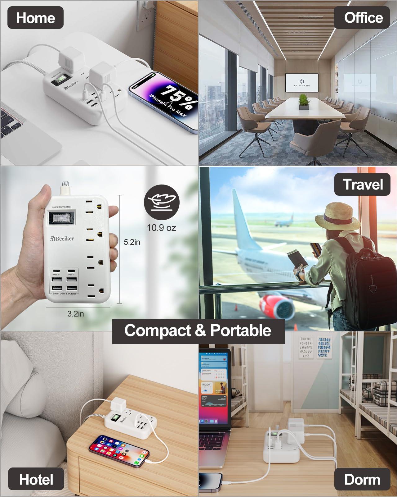 6 USB(2 USB C) Surge Protector Power Strip- 5Ft Travel Power Strip with 4.8A USB Charging Station and 4 Extendable Outlet, 13A Flat Plug Braided Extension Cord with Wall Mount for Travel Office Dorm - Image 8