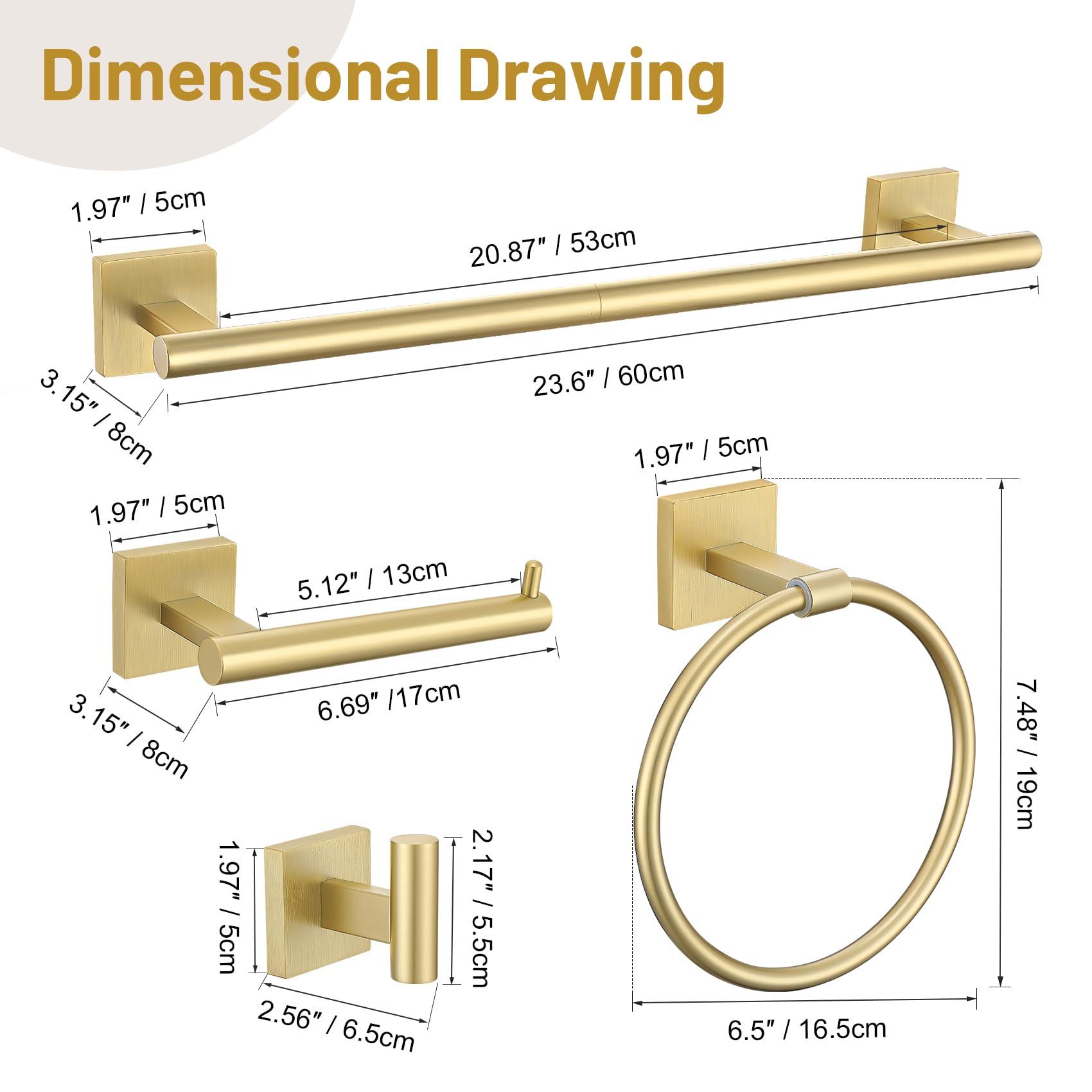 5 Pieces Bathroom Hardware Set Brushed Gold Towel Bar Set Includes 23.6” Towel Bar, Towel Ring Holder, Toilet Paper Holder and Two Towel Hooks, Bathroom Accessories Set SUS304 Wall Mounted - Image 3