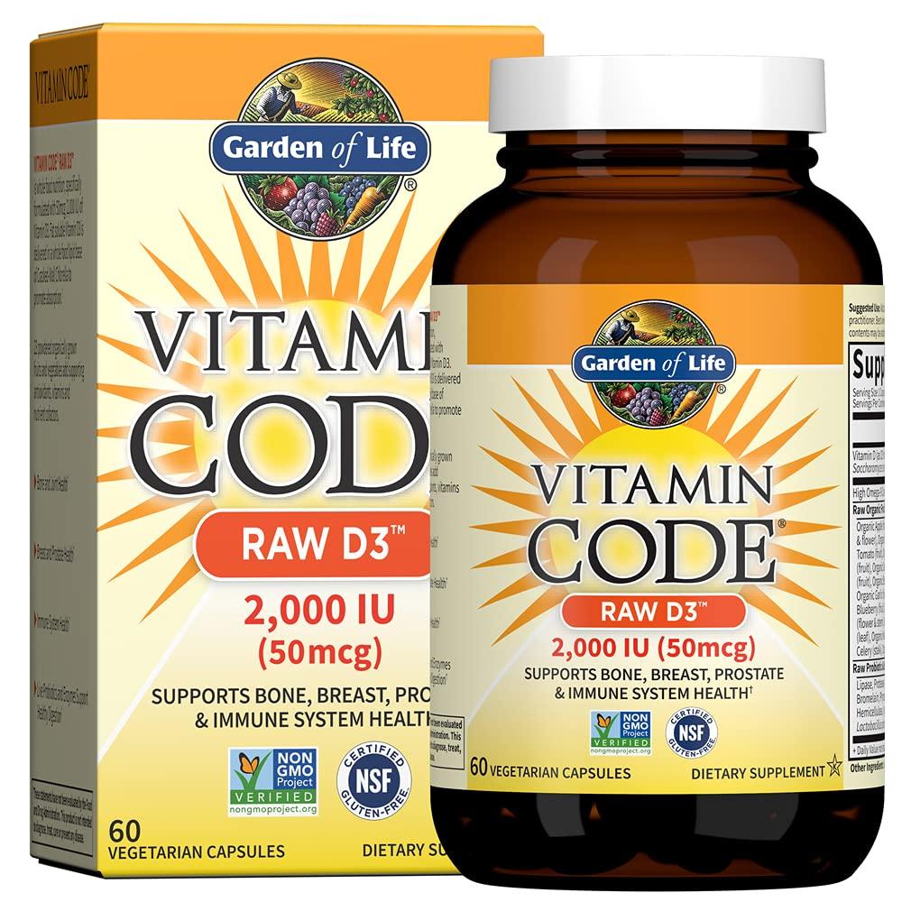 Garden of Life Vitamin D, Vitamin Code Raw D3, Vitamin D 2,000 IU, Raw Whole Food Vitamin D Supplements with Chlorella, Fruit, Veggies & Probiotics for Bone & Immune Health, 60 Vegetarian Capsules