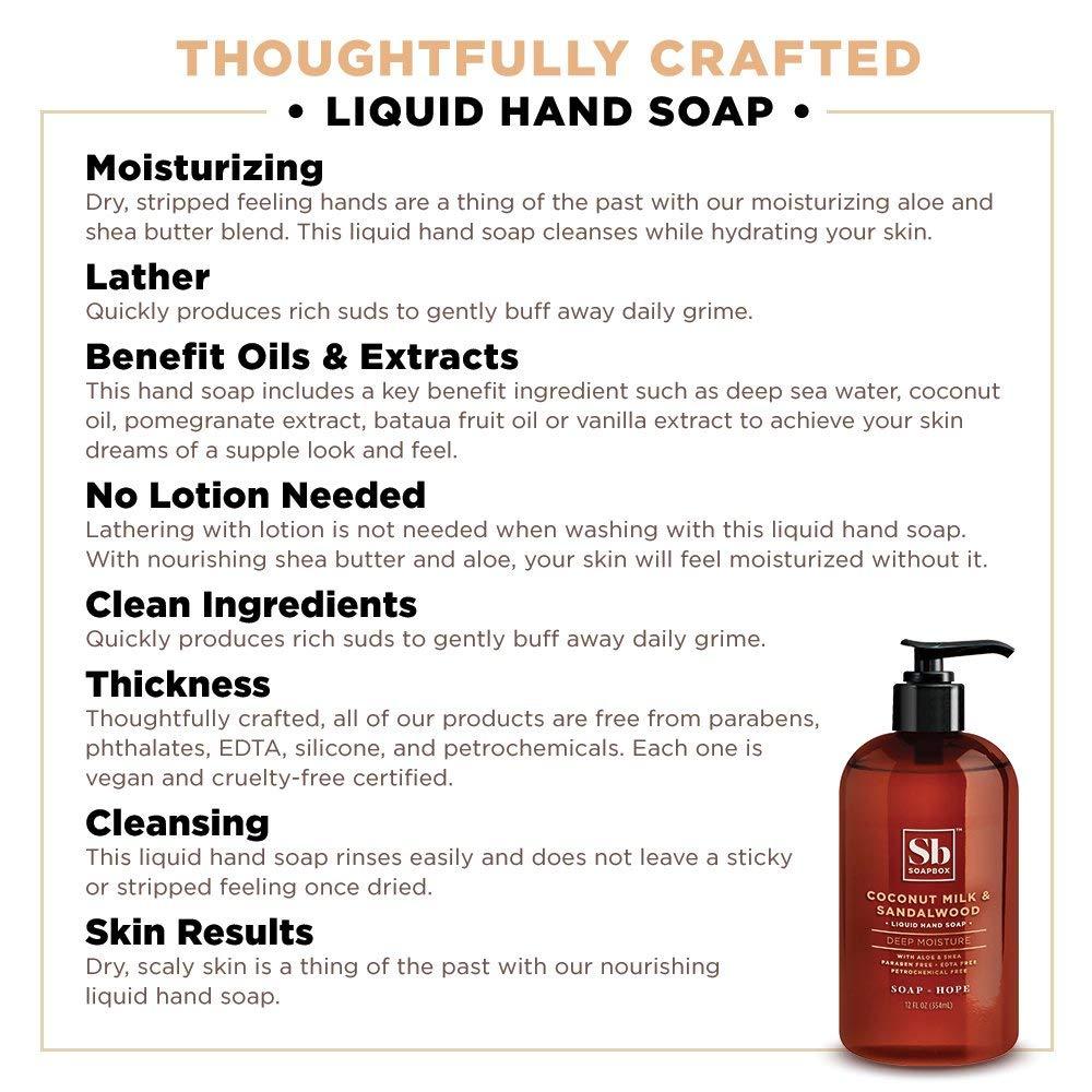 Soapbox Liquid Hand Soap, Coconut Milk & Sandalwood, Gentle & Moisturizing Hand Wash for Kitchen and Bathroom, Vegan & Cruelty Free Scented Hand Soap 12 Ounce Pump Bottles (Pack of 3) - Image 6