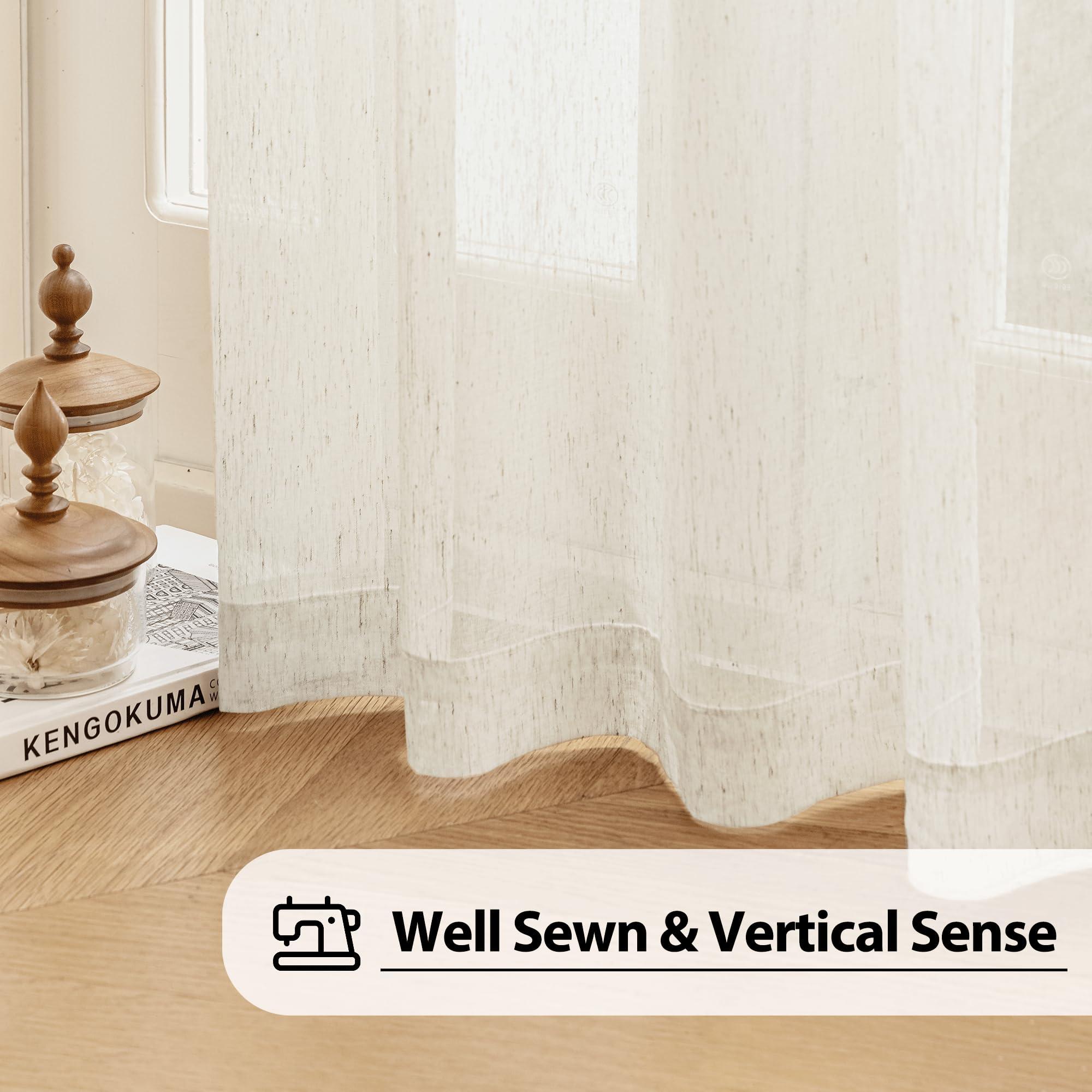 FMFUNCTEX Linen Sheer Curtains for Bedroom, Beige Curtains 84 inches Long for Living Room, Natural Flax Blend Window Draperies for Farmhouse Curtain, Rod Pocket 2 Panels - Image 4