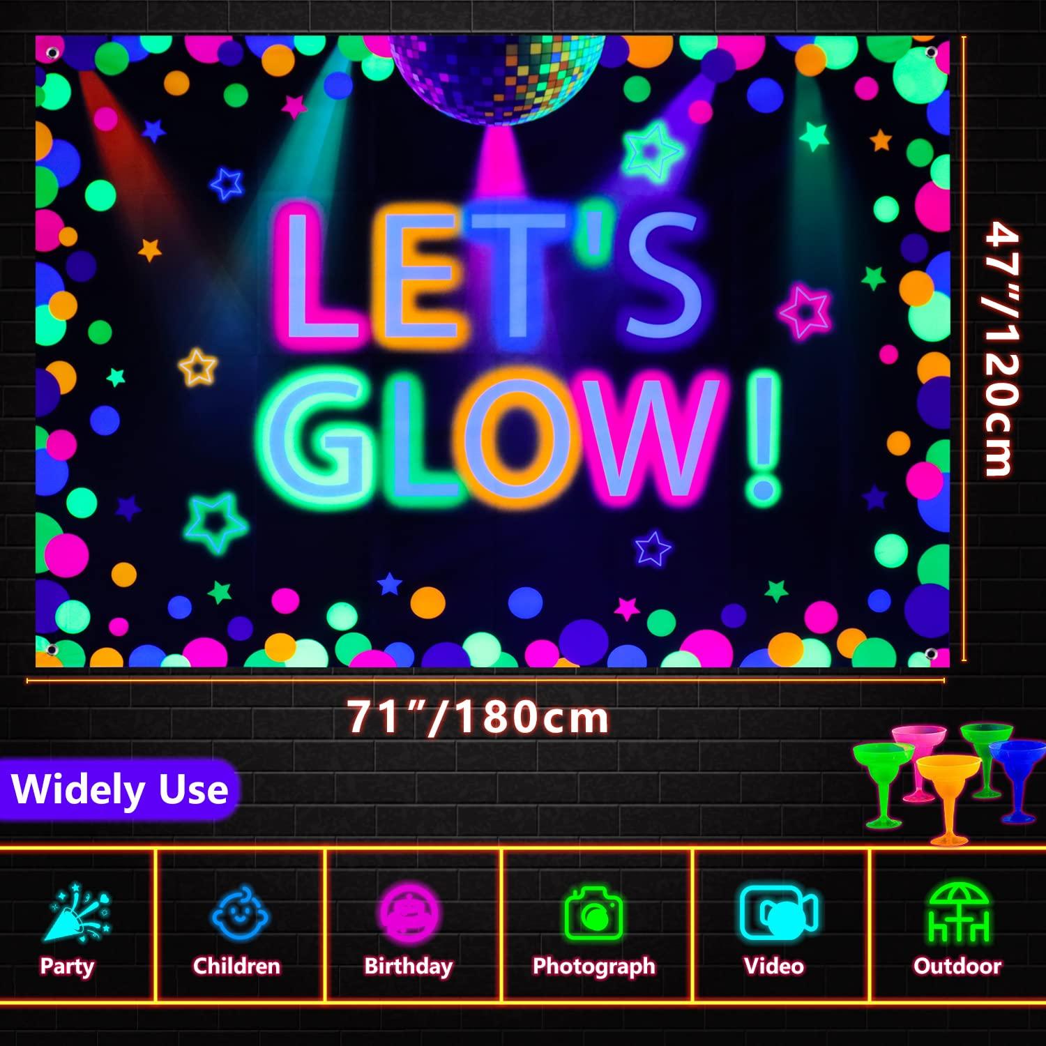 6x4ft Neon Let's Glow Party Backdrop Colorful Photography Background Glow in The Dark Party Supplies, Neon Decorations for Kids Birthday Supplies (71 x 47 Inch) - Image 2