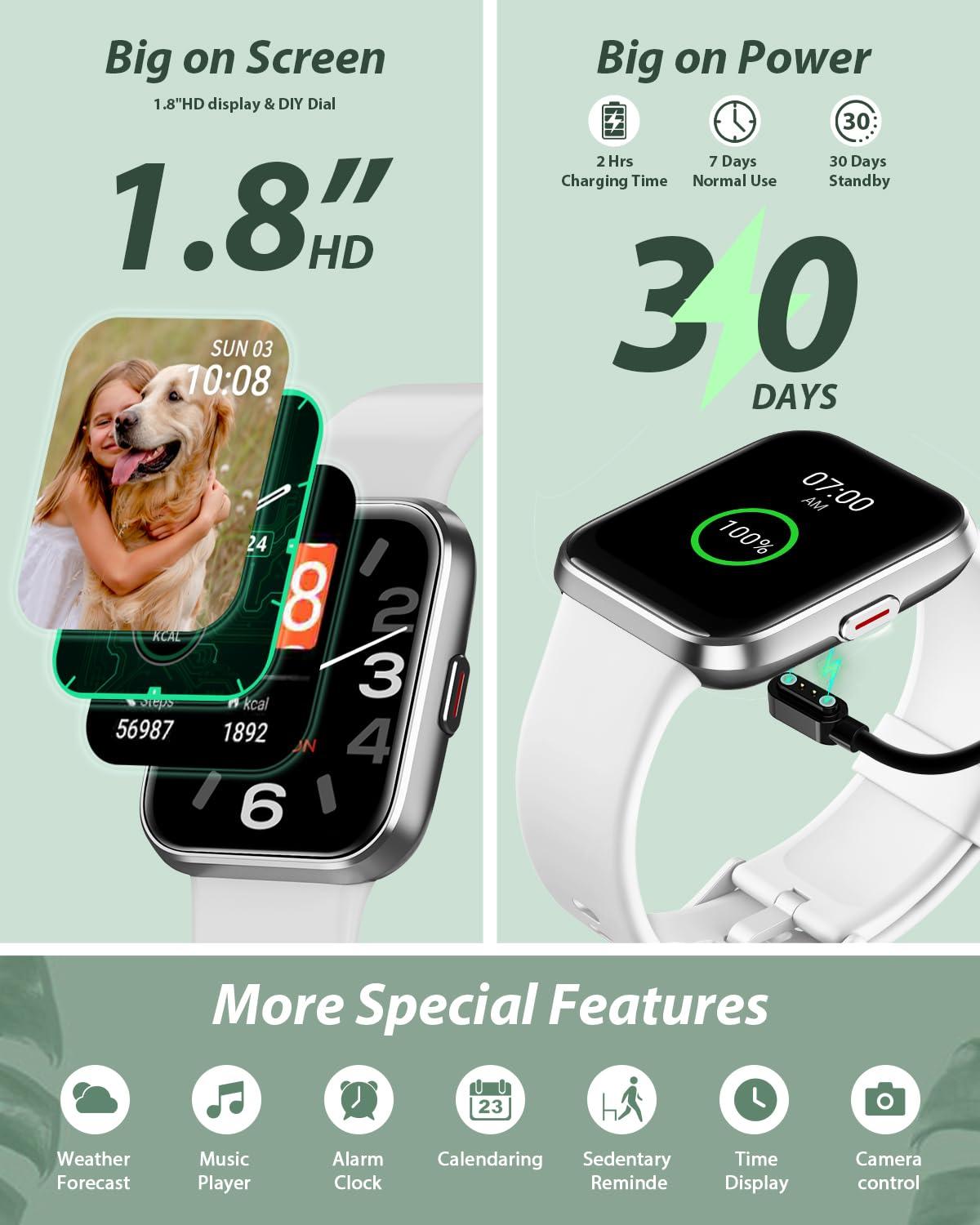 Bluetooth Smart Watch for Men Women(Call Receive/Dial), Alexa Built-in, 1.8" Touch Screen Fitness Tracker with Heart Rate Sleep Tracking, 100 Sports Modes, 5ATM Waterproof Smartwatch - Image 6