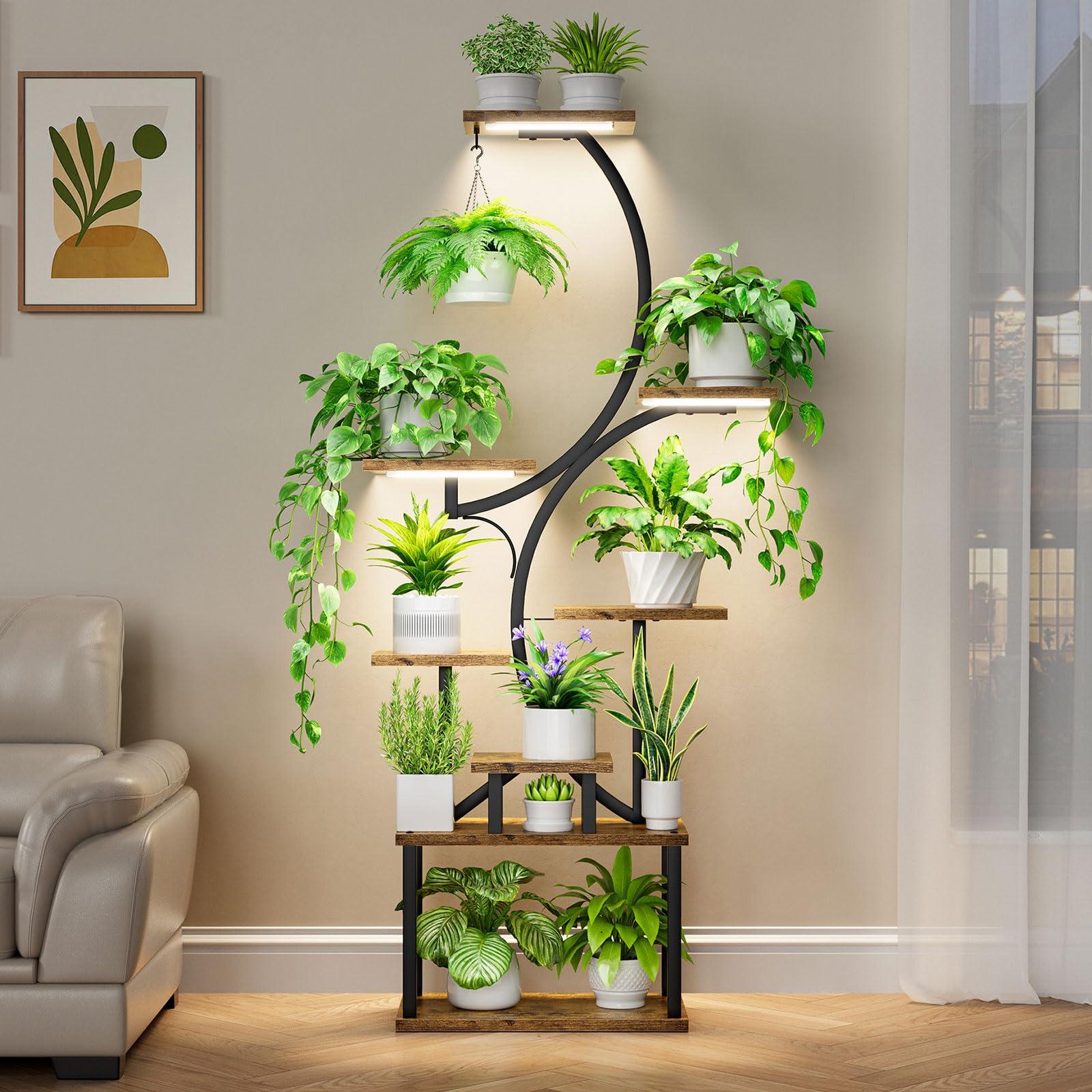 Plant Stand Indoor with Grow Lights - 62" Tall Plant Shelf, Lighted Corner Plant Stands for Indoor Growing, 8 Tiered Large Flower Holder, S-Shaped Decorative Rack for Living Room, Black, Patent Design - Image 9