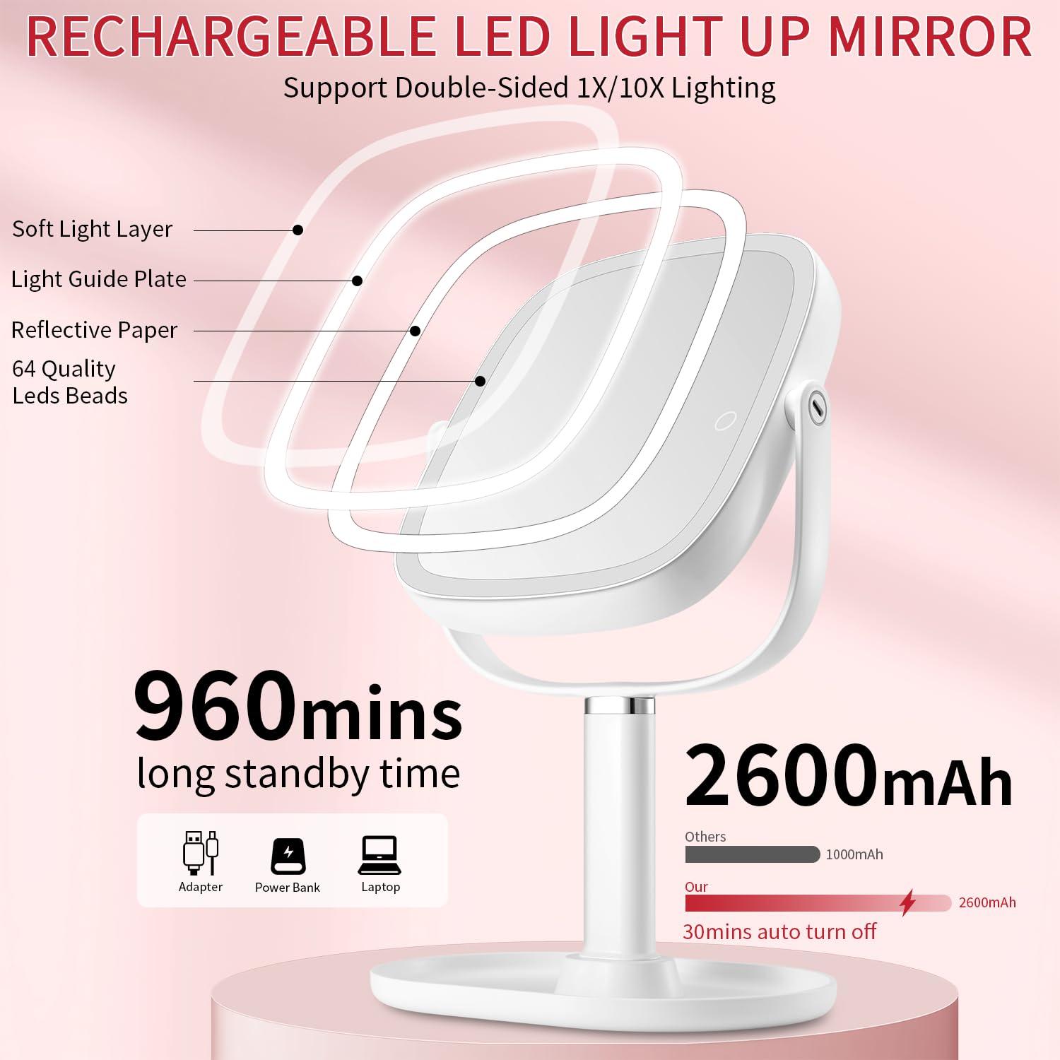 Lighted Makeup Mirror, 2600mAh Rechargeable 1x/10x Magnifying Vanity Mirror, 8.5" Height Adjustable Makeup Mirror with Lights 3 Color, 360° Rotation 2-Sided Light up Large Desk Mirror, Gifts for Women - Image 3