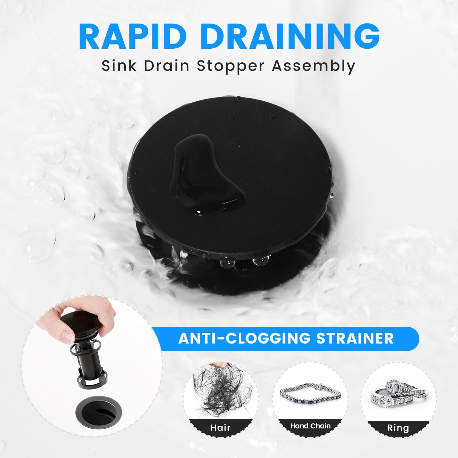 Bathroom Sink Drain with Overflow, Hurran Matte Black Universal Bathroom Sink Stopper for Bathroom Vanity Vessel Sink, Rapid Draining Plastic Pop-up Sink Drain with Hair Catcher Anti-Clog Strainer - Image 4