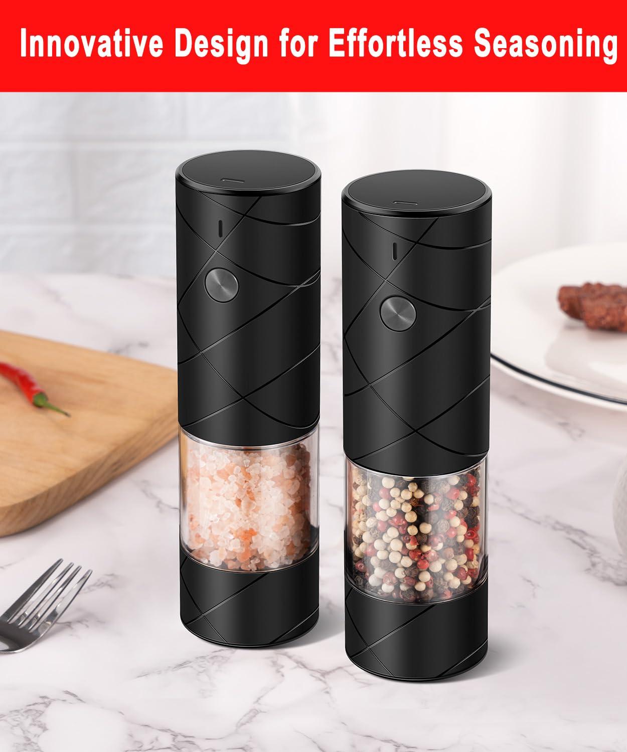 Rechargeable Electric Salt and Pepper Grinder Set - Extra Large Capacity - Automatic Black Peppercorn & Sea Salt Mill Grinders Set with Adjustable Coarseness & LED Light - Image 3