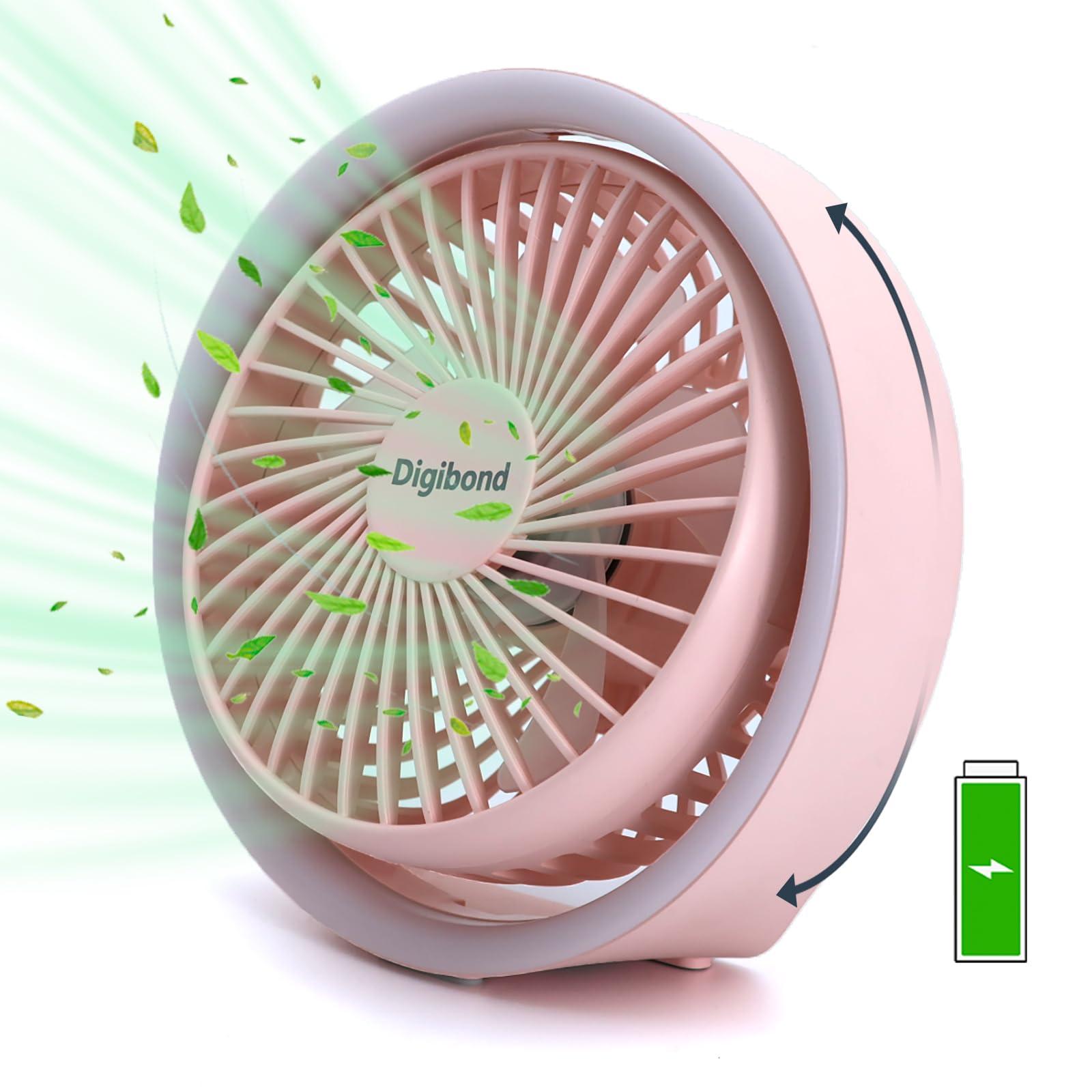 Digibond Pink Desk Fan, Small Quiet with Ambient Light/Hook Portable USB Fan 5.3in High Power 3000mAH Rechargeable Battery Operate 3 Speed 180°Rotated Easy Clean