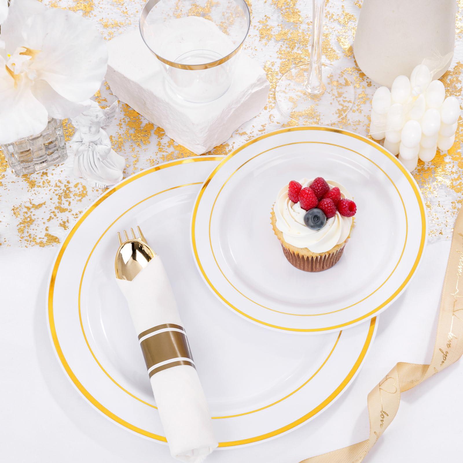 WELLIFE 350-Piece Gold Disposable Plates and Cutlery Set - Premium 10.25" Dinner Plates, 7.5" Dessert Plates, 9oz Cups & Cutlery for Weddings, Catering Events - 50 Guest Service - Elegant & Sturdy - Image 5