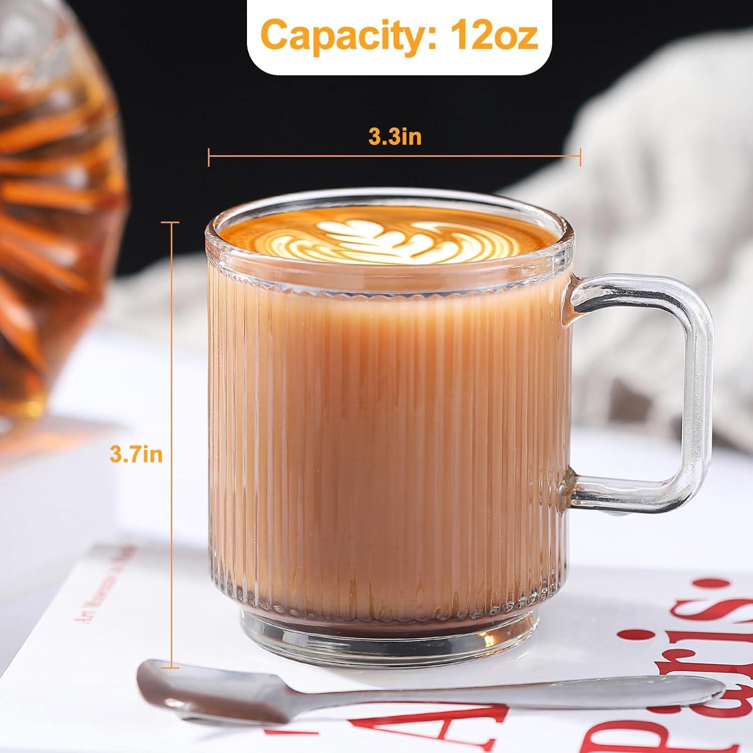 Catsayer 12 PACK Premium Glass Coffee Mugs with Handle, 12 OZ Classic Vertical Stripes Glass Coffee Cups, Transparent Tea Cup for Hot/Cold Beverages, Glassware Set for Americano, Latte, Cappuccino - Image 3