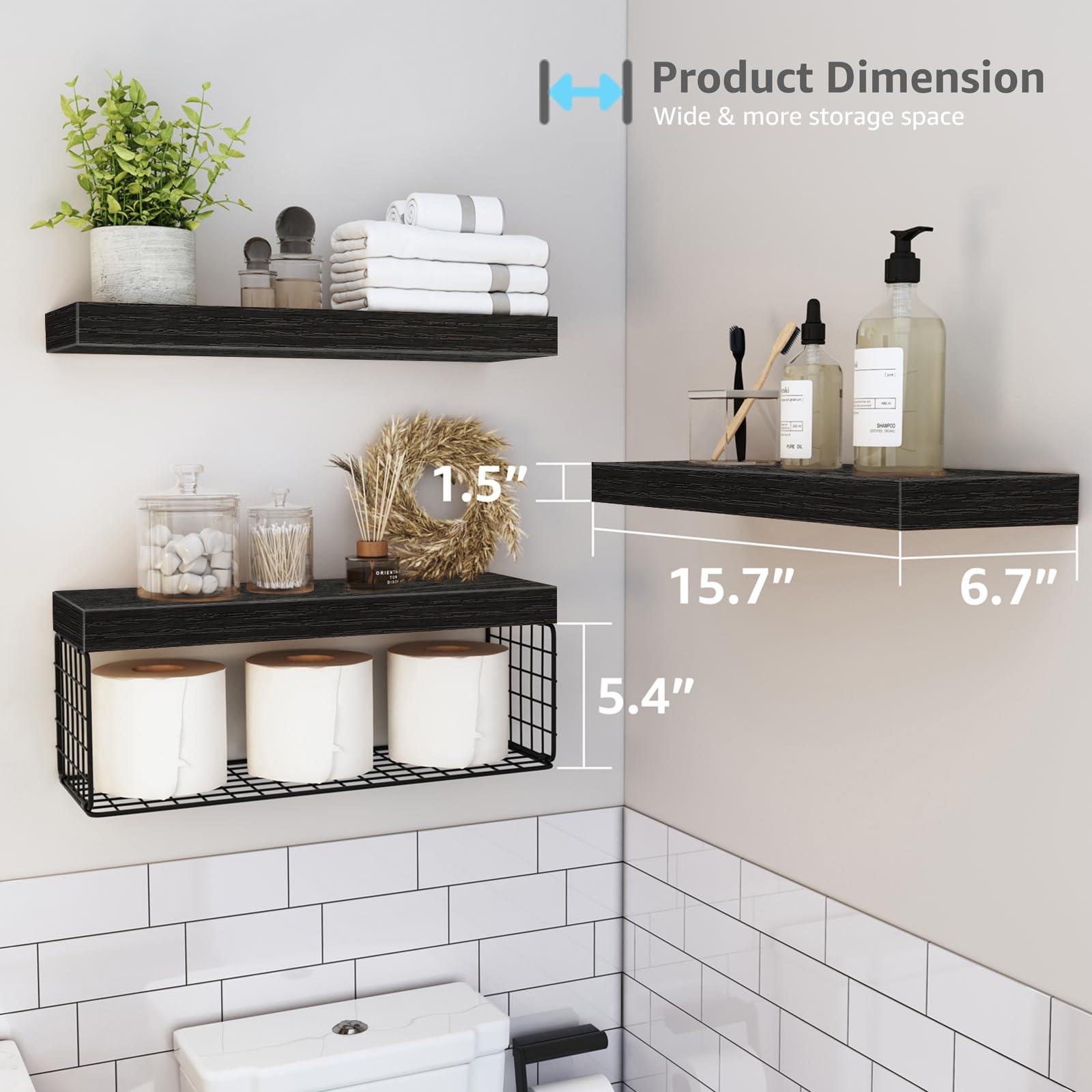 QEEIG Bathroom Shelves Over Toilet - Wall Mounted Floating Shelves Toilet Paper Storage Small Farmhouse Decor Shelf 16 inch Set of 3, Black (019-B3) - Image 3