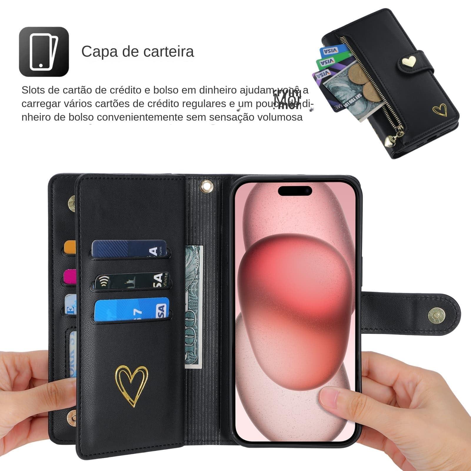 for iPhone 16 Pro Max Phone Case Leather Wallet Pocket Folio Flip Cover Kickstand, 3 Layer Multi Card Holder Cash Slot Photo Bag, Golden Love Zipper Puller + Magnetic Buckle, Wrist Strap - Image 2