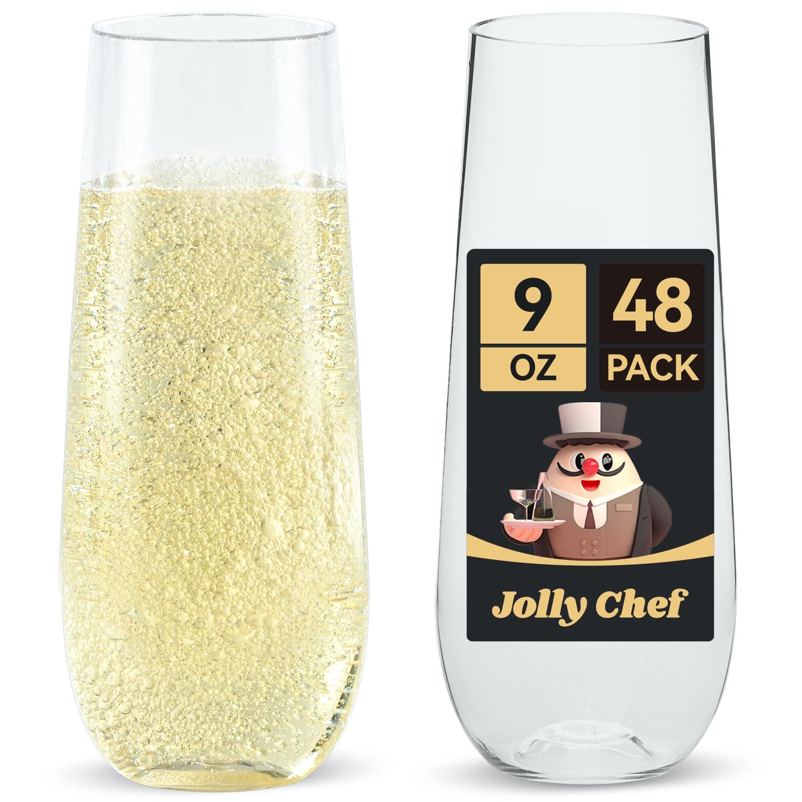 JOLLY CHEF 48 Pack Stemless Plastic Champagne Flutes 9 oz, Crystal Clear Stemless Plastic Toasting Glasses, Clear Disposable Unbreakable Drinkware Ideal for Wedding, Birthday, Party