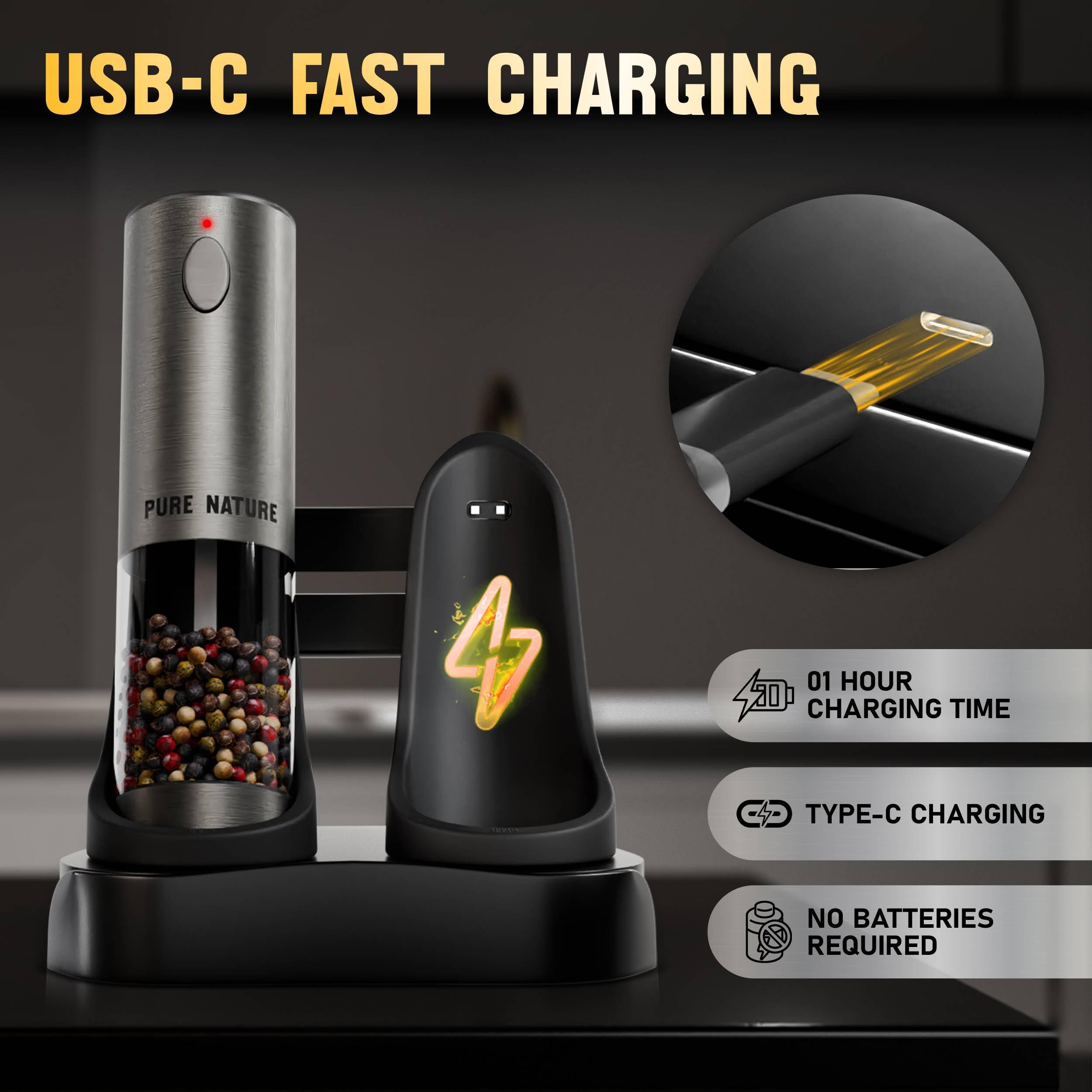 Pure Nature Salt and Pepper Grinder Set with rechargeable base. Premium Stainless Steel up-graded larger capacity with LED Lights, 5 Adjustable Coarseness, Refillable, Type-C Fast Charging. - Image 4