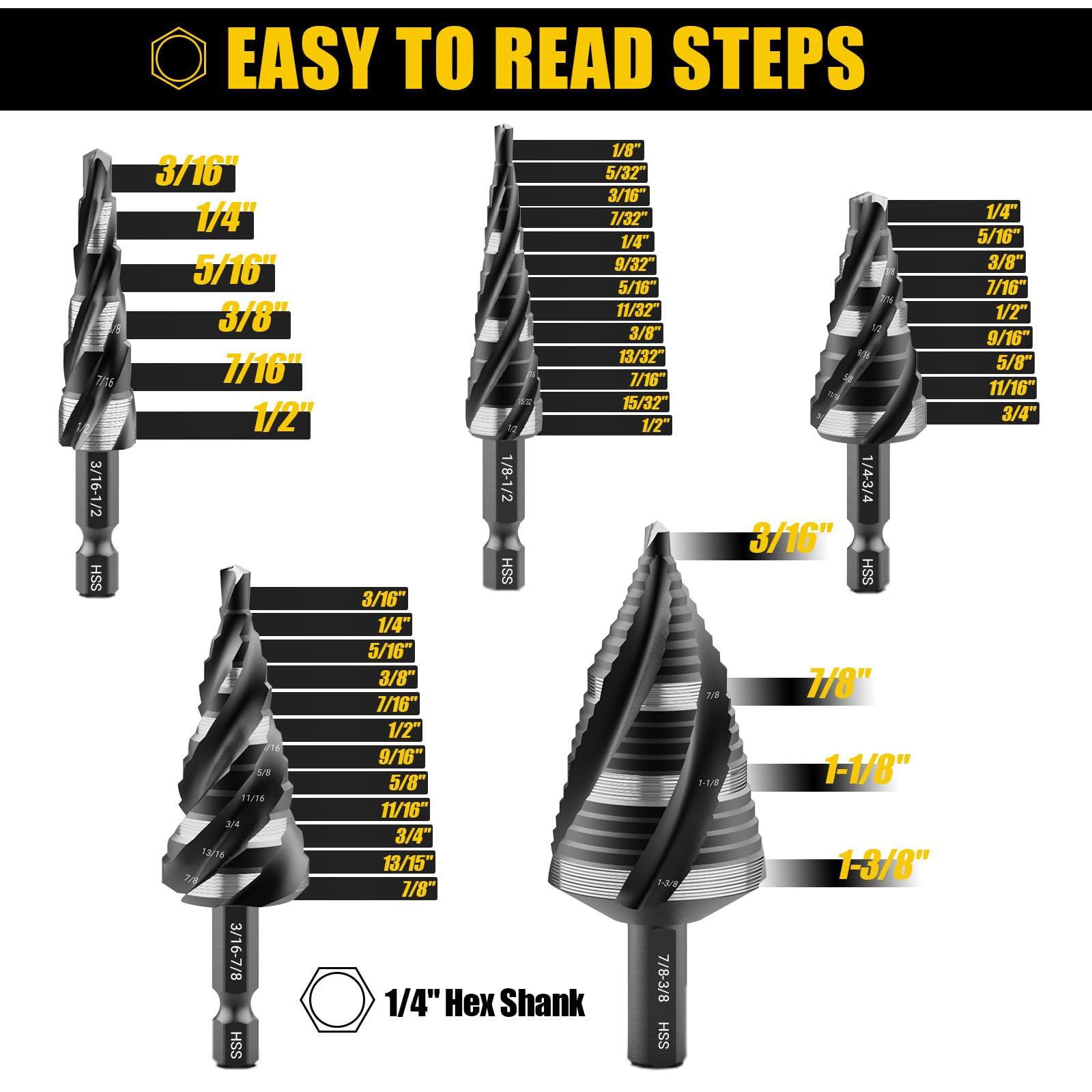 KAKILFOB Four Spiral Flute Step Drill Bit Set, 5 Pieces 1/8"-1-3/8" HSS Unibit Step Drill Bit, 1/4" and 3/8" Shank Step Bits for Metal, Aluminum, Wood, Plastic - Image 2