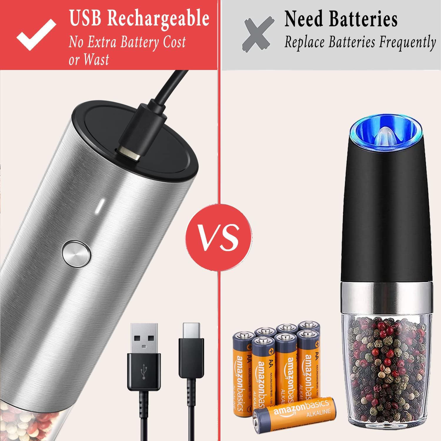 Rechargeable Electric Salt and Pepper Grinder Set with Holder - Nicely Packaged Giftable - No Battery Needed - Automatic Pepper Mill & Adjustable Coarseness & LED Light Refillable - Stainless Steel - Image 4