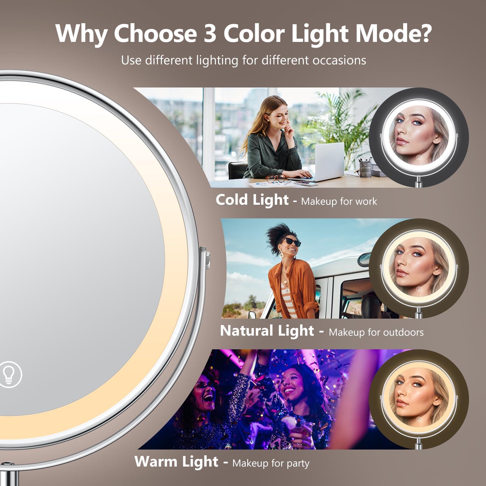 UBYMET Lighted Makeup Mirror, Rechargeable Height Adjustable Double Sided, 1x/10x Magnifying with 3 Color, Brightness Adjustable, 360° Rotation Vanity, Gift for Women - Image 3