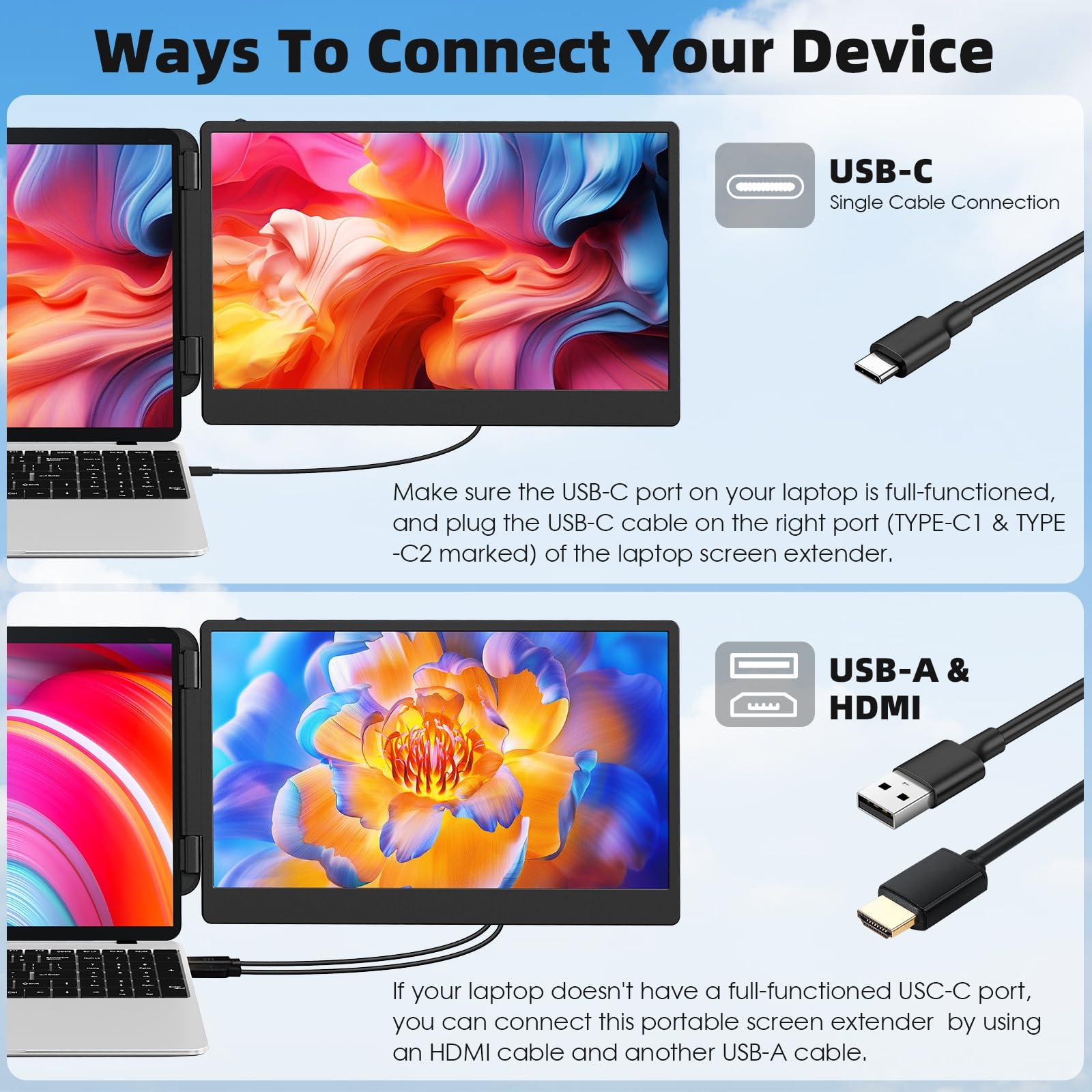 Laptop Screen Extender, 14" Portable Monitor for Laptops 1080P FHD IPS Display Dual Extended Monitor for 13"-17" Laptops USB-C/HDMI Ports Plug & Play Compatible with Windows Mac Android Switch PS5 - Image 5
