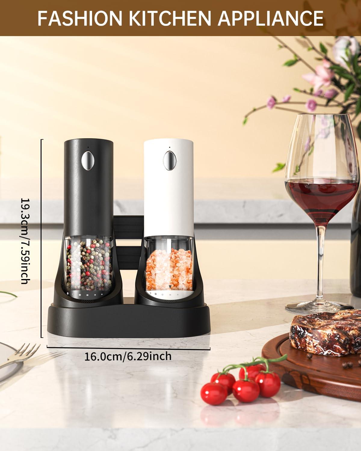 CIRCLE JOY Electric Salt and Pepper Grinder Set Automatic Salt and Pepper Grinder Set with Charging Base and White LED Light, Adjustable Coarseness, USB Rechargeable, Washable Container, White & Black - Image 2