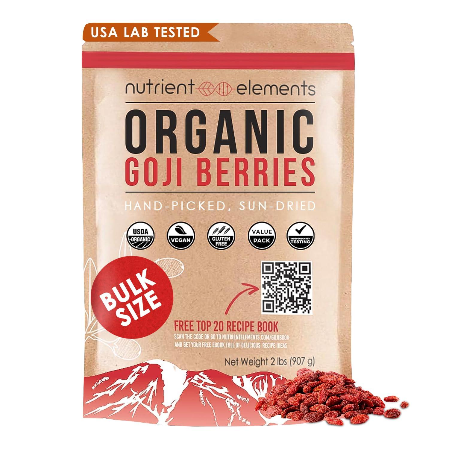 Nutrient Elements 32oz Organic Raw Dried Goji Berries - USDA Certified, Non GMO, Large Berries with Recipes E-Book