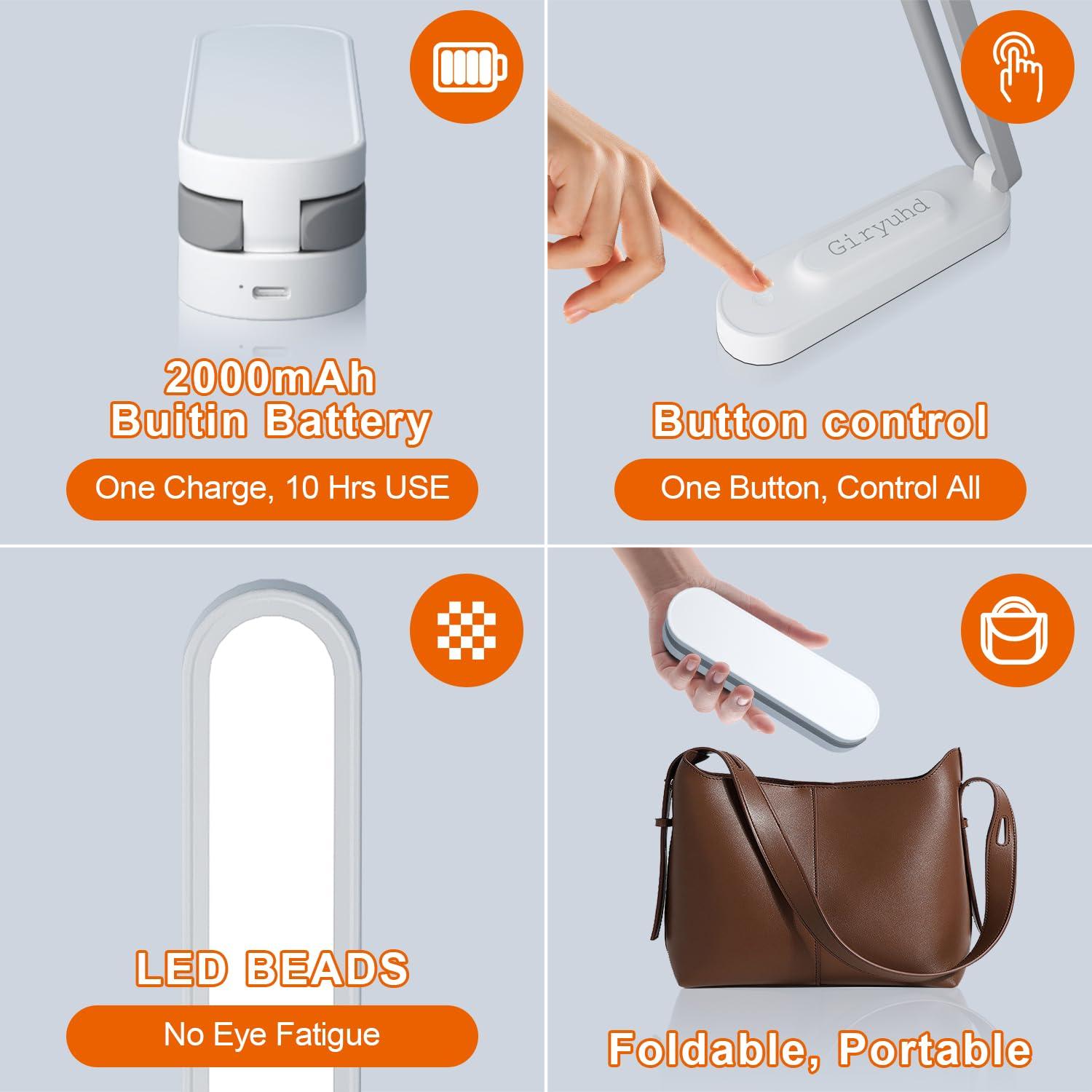 Giryuhd LED Desk Lamp for Office Home & Battery Operated Lamp Rechargeable Lamp Foldable & Portable Light, LED Desk Light Strip, 3 Brightness Dimmable Small Desk Lamp Wireless Reading Lamp (White) - Image 6
