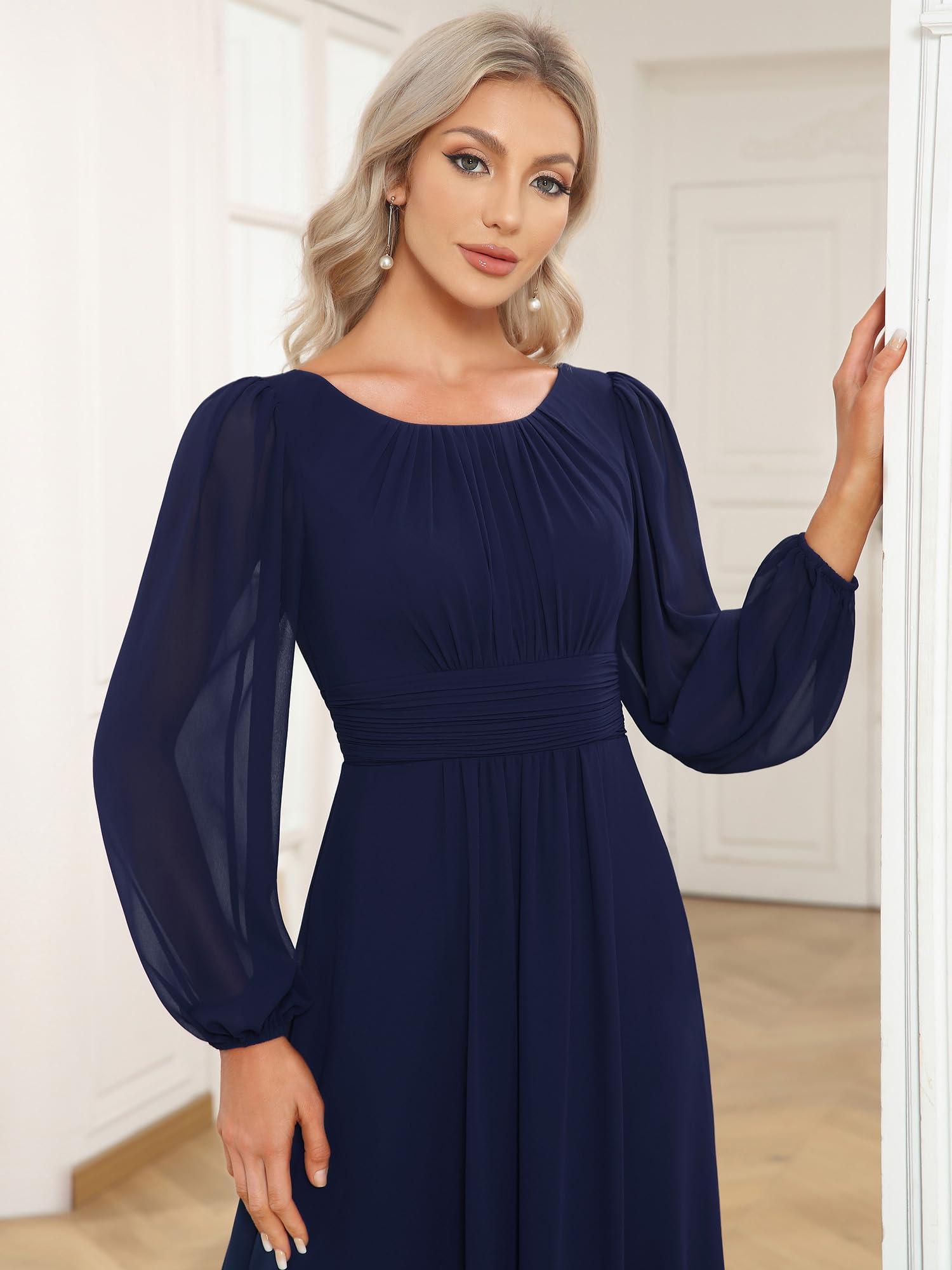 Ever-Pretty Women's Crewneck Long Lantern Sleeves Floor Length A-Line Pleated Chiffon Formal Dress 0106B - Image 5