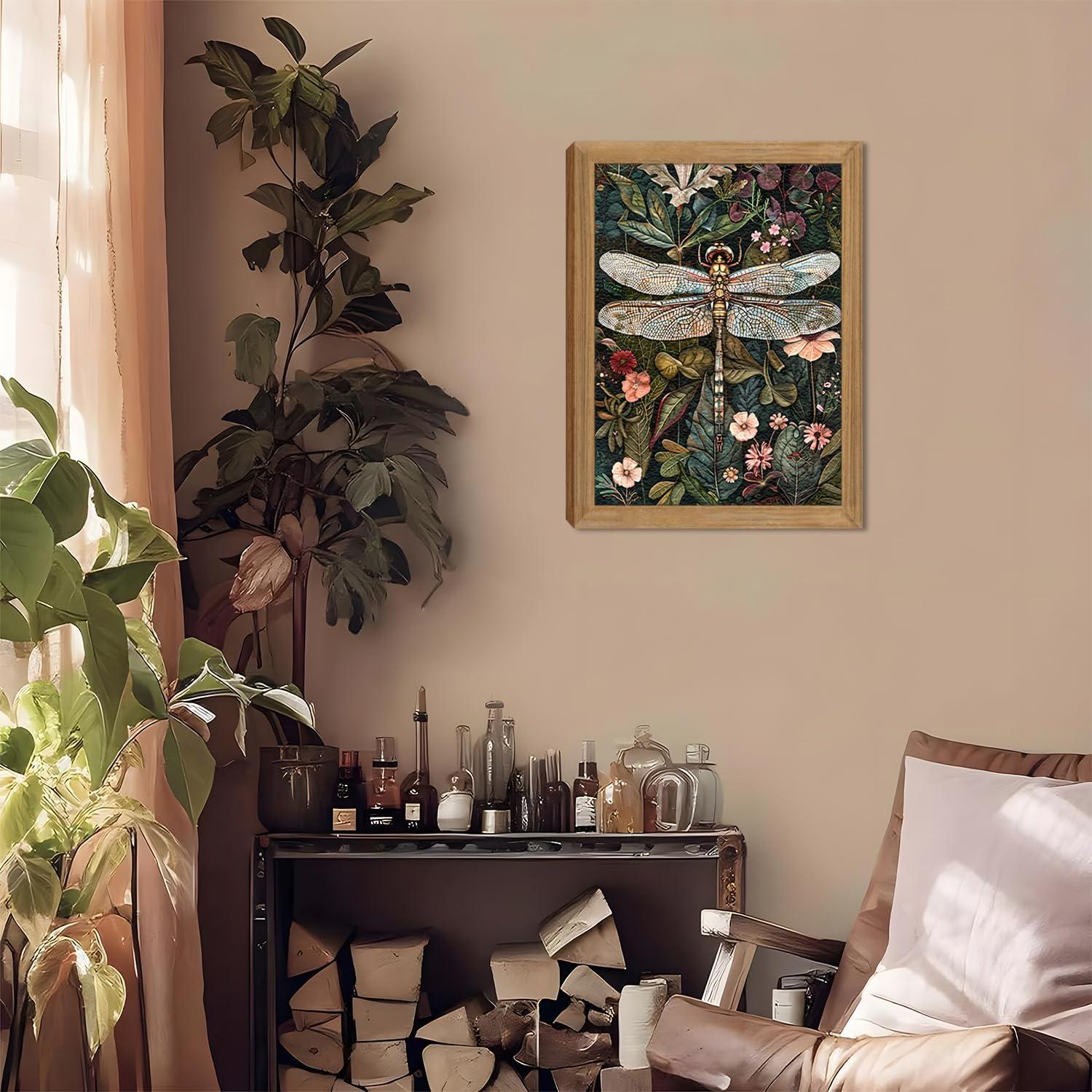 Framed Vintage 3D Textured Wall Art - Dark Green Dragonfly Flowers Wall Decor - Hand Drawn Sandstone Nature Botanical Pictures for Living Room Bedroom Home Decor 12x16in - Image 7