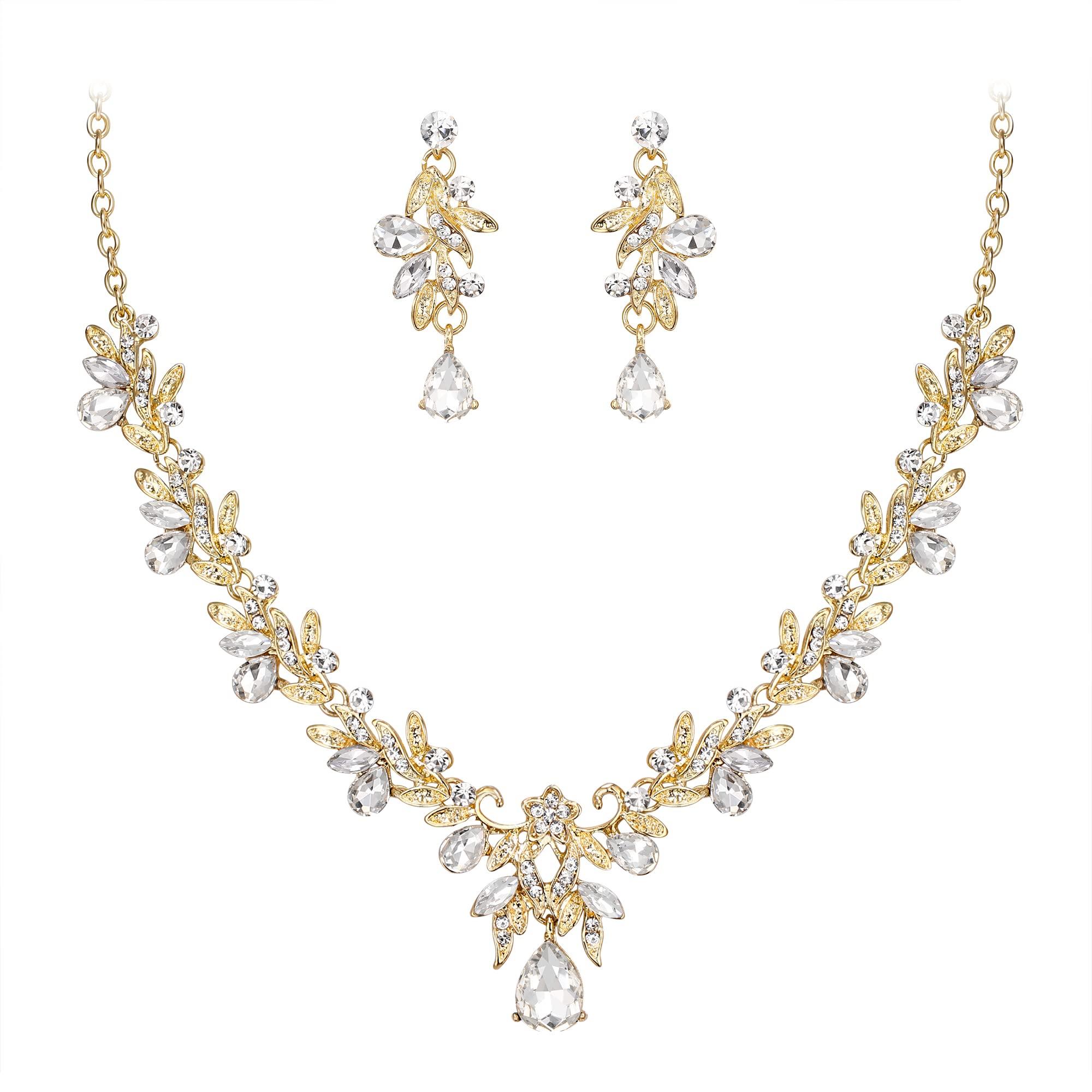 BriLove Women's Wedding Jewelery Set Leaf Flower Crystal Teardrop Marquise Cluster Pendant Necklace Dangle Earrings for Bridal Party