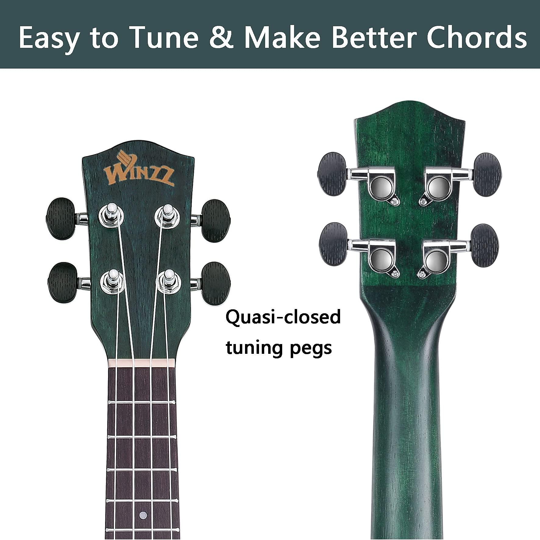 WINZZ HAND RUBBED Series - 21 Inches Soprano Ukulele Vintage Hawaiian Uke with Online Lessons, Bag, Tuner, Strap, Extra Strings, Fingerboard Sticker, Dark Hunter Green - Image 4