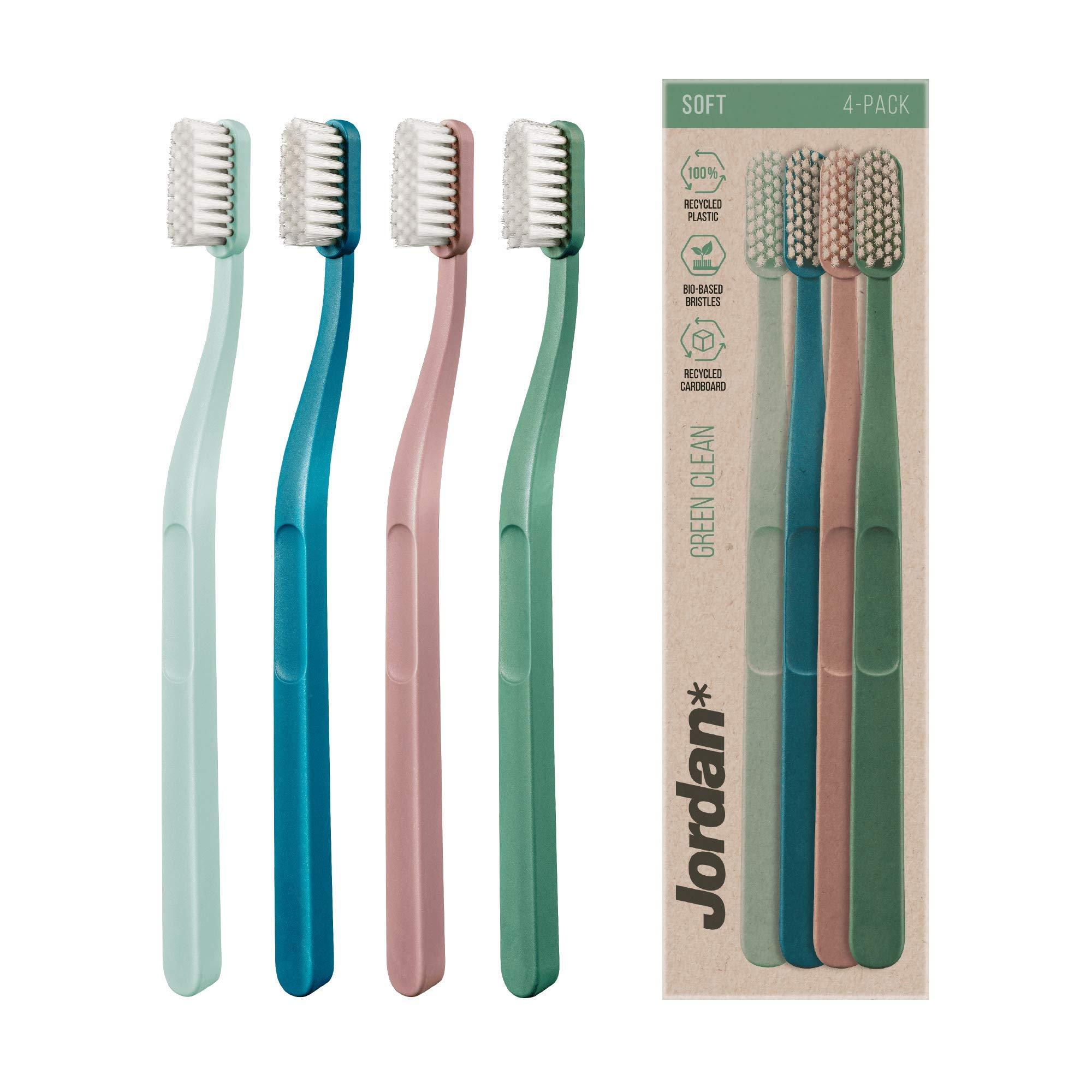 Jordan Green Clean Manual Toothbrush - Sustainable, Eco-Friendly Scandinavian Design, Soft Bristles, Mixed Colors, 4 Units