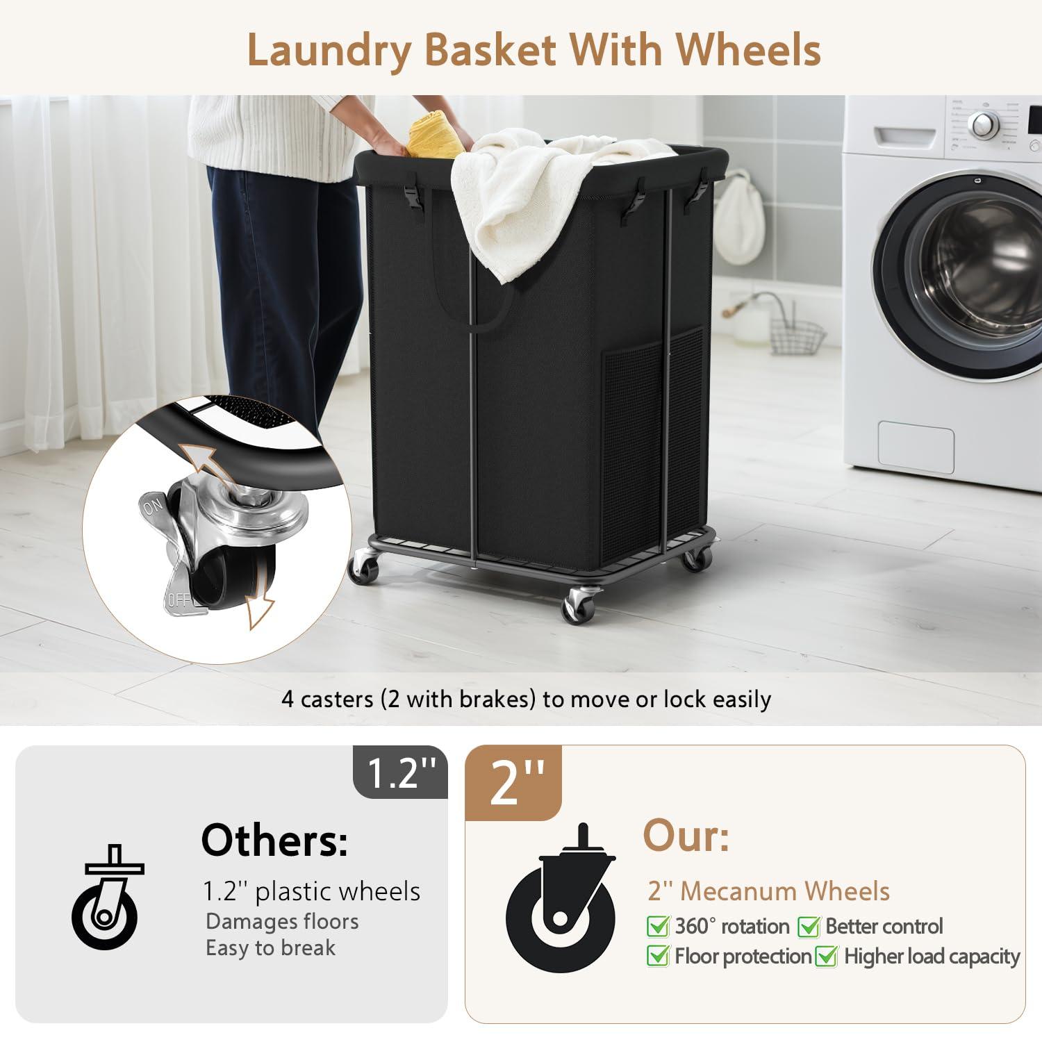 150L Large Laundry Basket with Wheels, Rolling Laundry Hamper with Removable Laundry Bag & Metal Frame, Oxford Fabric Dirty Clothes Hampers for Bedroom, Laundry Room, Bathroom, Dorm(Black) - Image 2