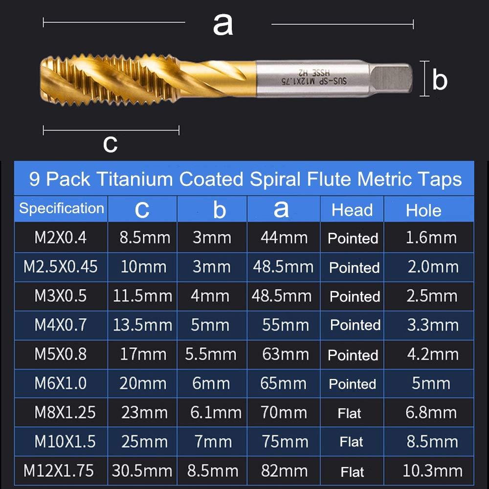 Rocaris 9 Pack of M2 M2.5 M3 M4 M5 M6 M8 M10 M12 Titanium Coated HSS Spiral Flute Metric Taps Set - Image 2