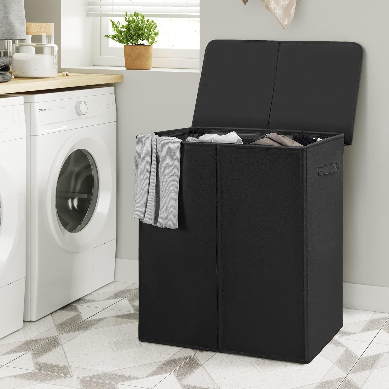 WOWLIVE 154L Double Laundry Hamper with Lid and Removable Laundry Bags, Large Dirty Clothes Hamper 2 section Collapsible Laundry Basket Dorm Room Storage for Bedroom, Bathroom, College, Black - Image 4