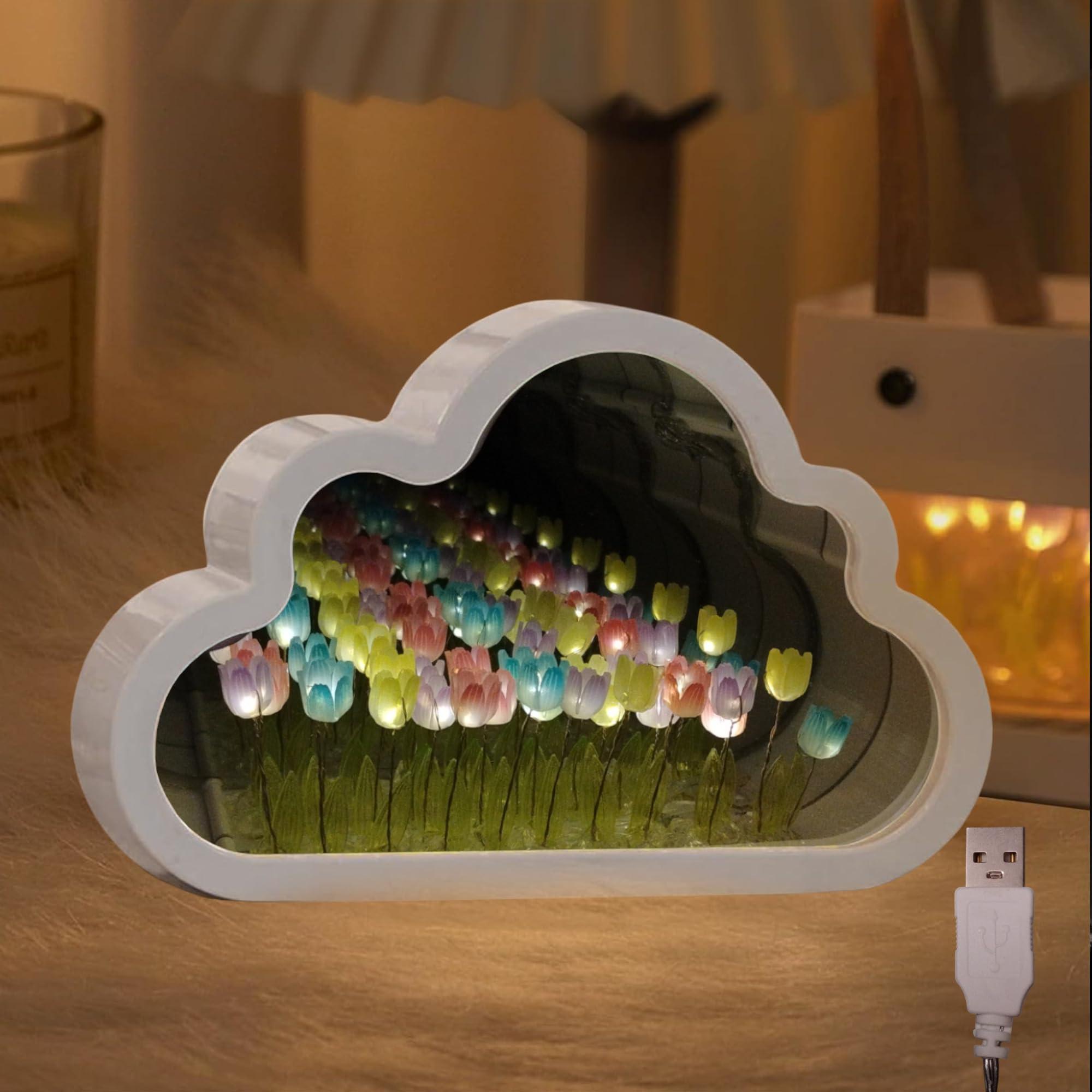 ALYMACK Handmade Tulip Lamp Fully Assembled - Flower Night Light Cuteness Lamps - Tulip and Rose Infinity Mirror in a Glass - Gift for Women or Girl - Lampara de Tulipanes Infinitos (Rainbow, USB)