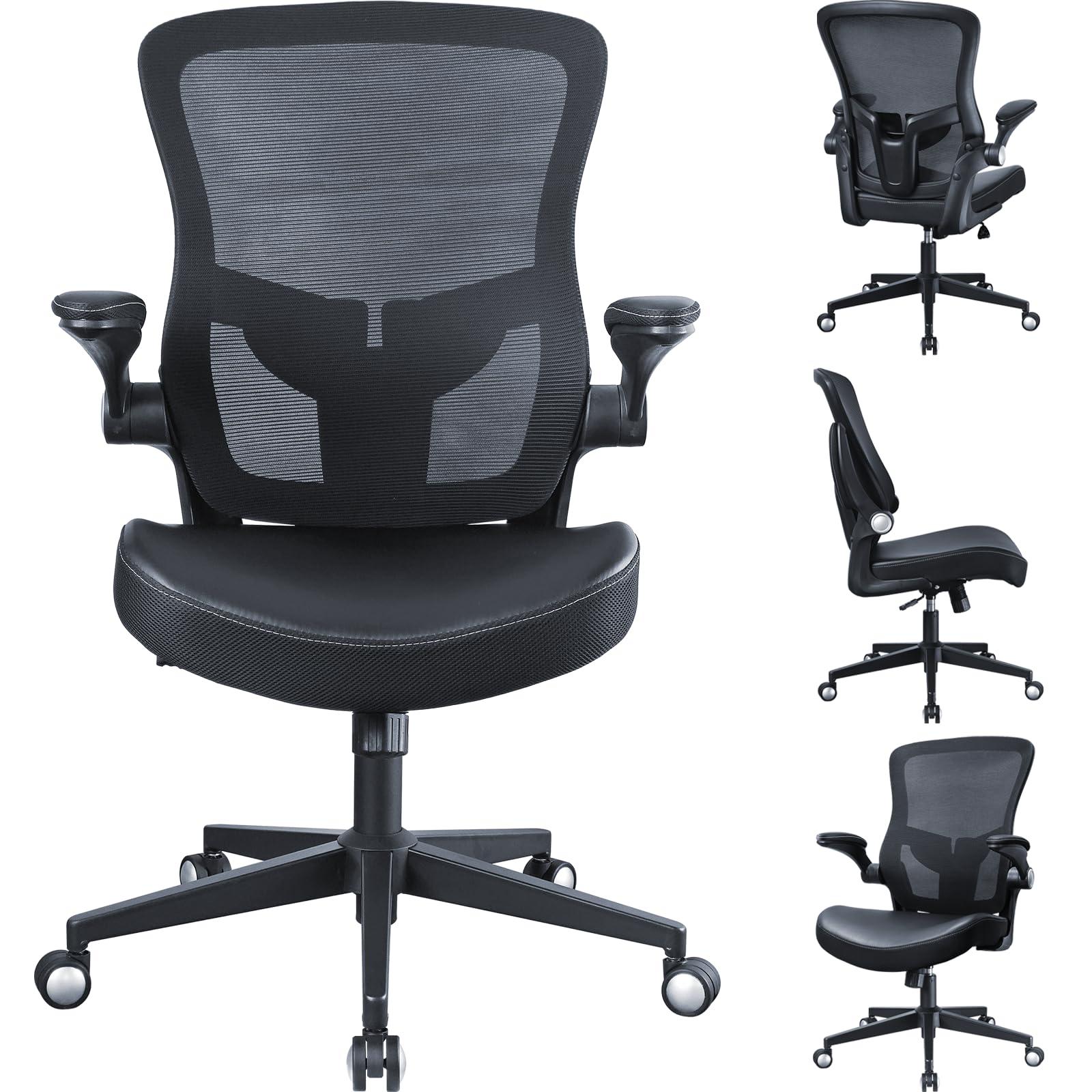 Office Chair, 400lbs Heavy Duty Ergonomic Desk Office Chair with Flip-Up Arms, Home Office Desk Chairs with Adjustable Seat Height & Lumbar Support for Heavy People, Computer Task Chair 